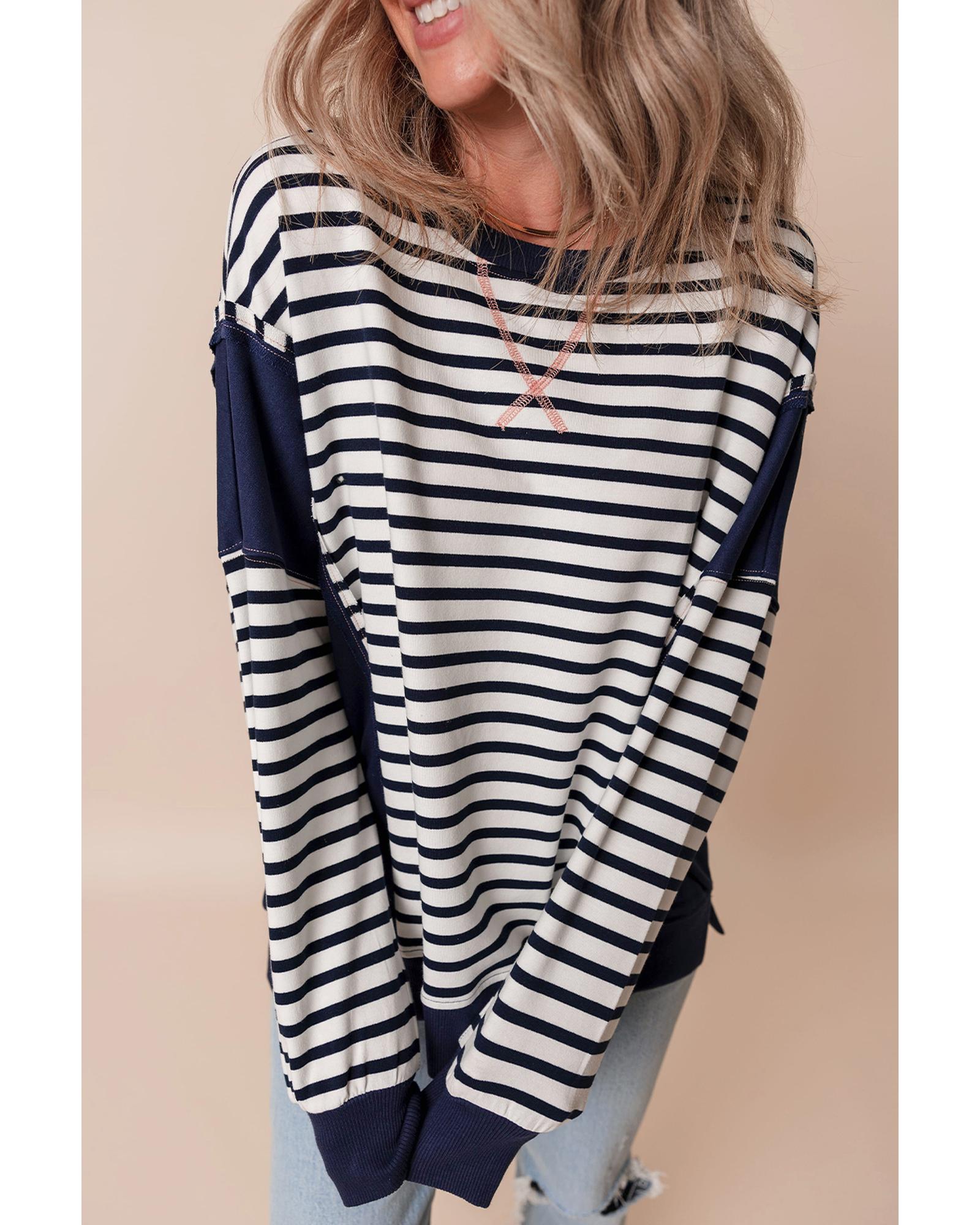 White Stripe Color Block Exposed Seam Loose Fit Sweatshirt - XL 5