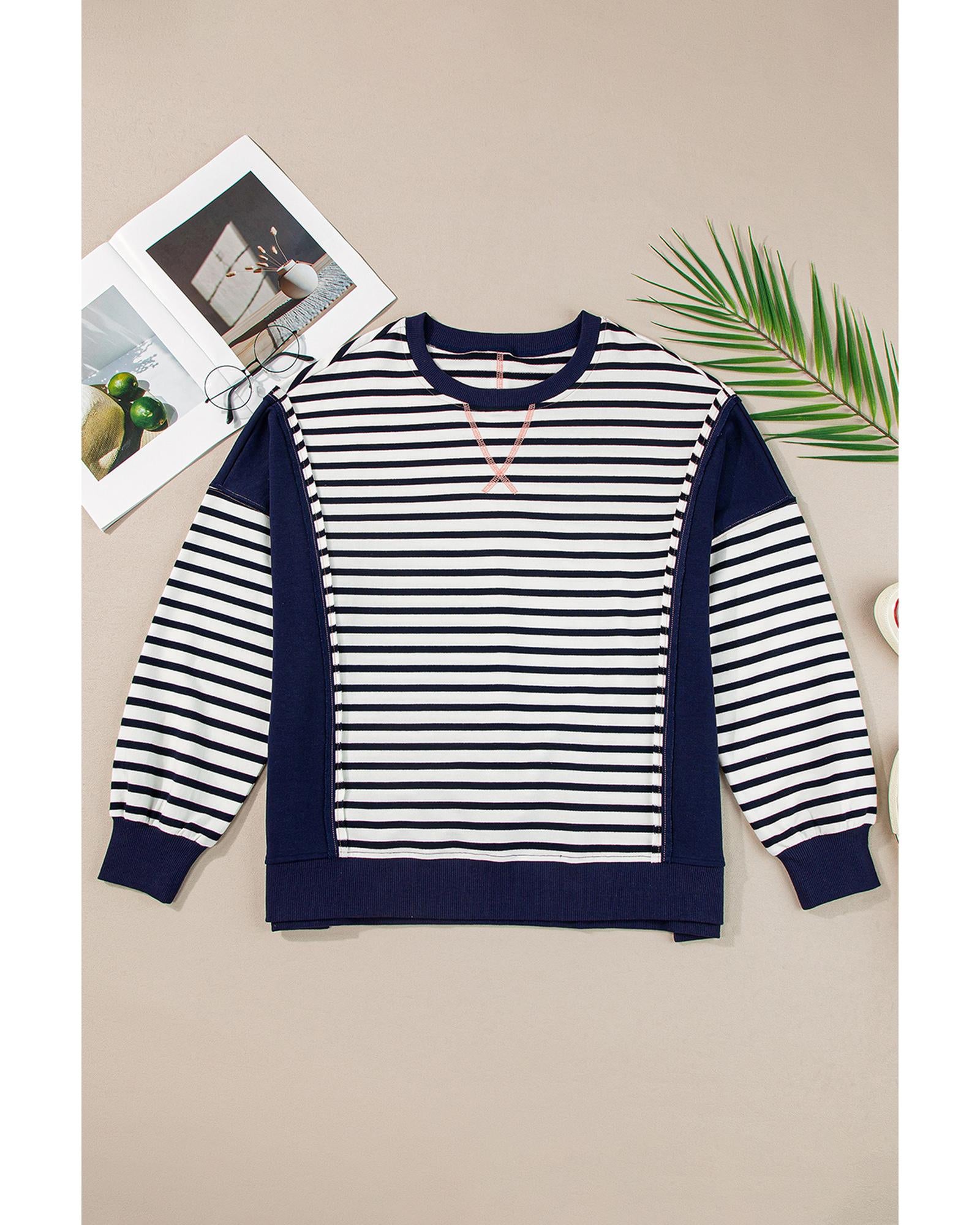 White Stripe Color Block Exposed Seam Loose Fit Sweatshirt - XL 7