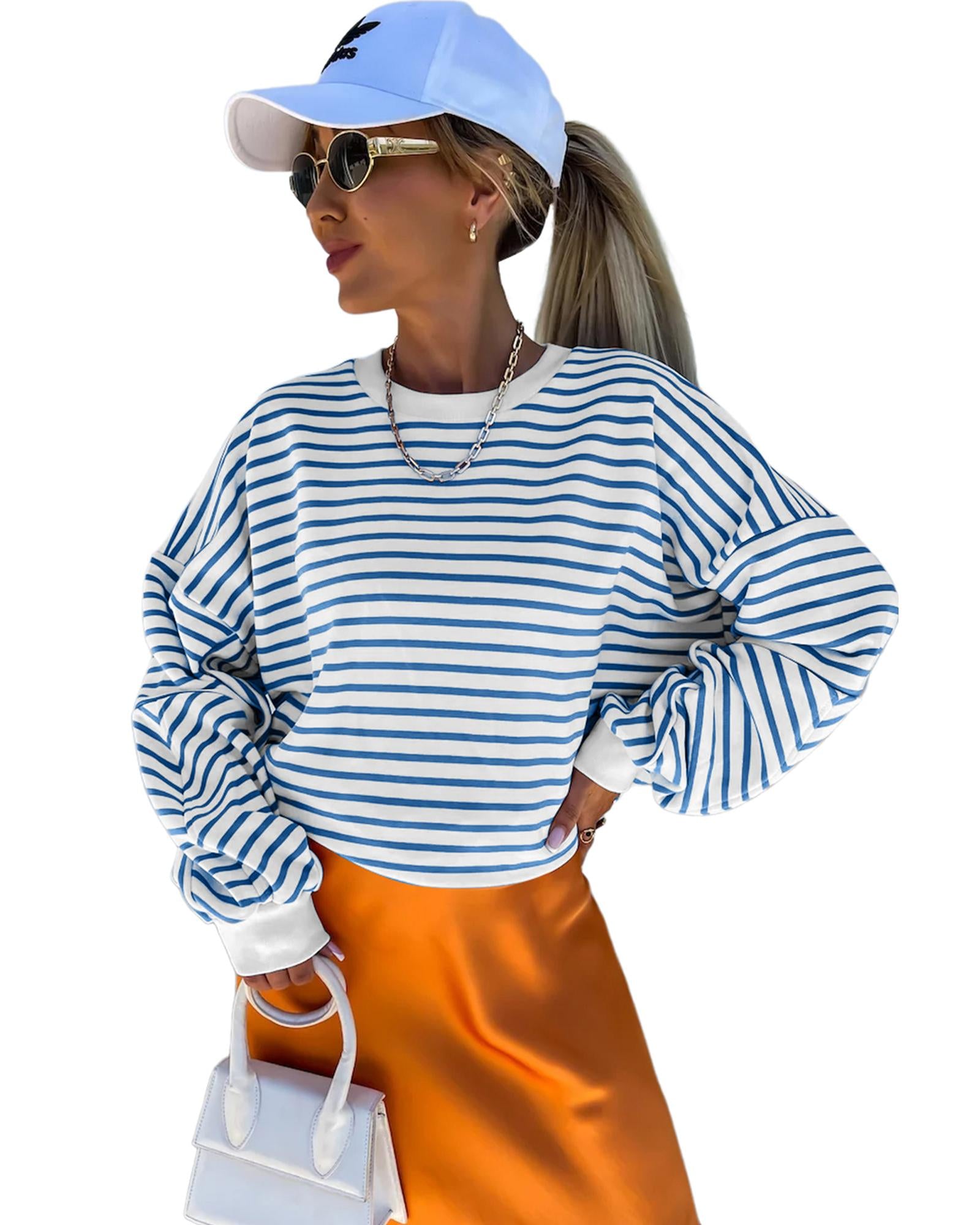 Blue Stripe Drop Shoulder Crew Neck Loose Sweatshirt - L
