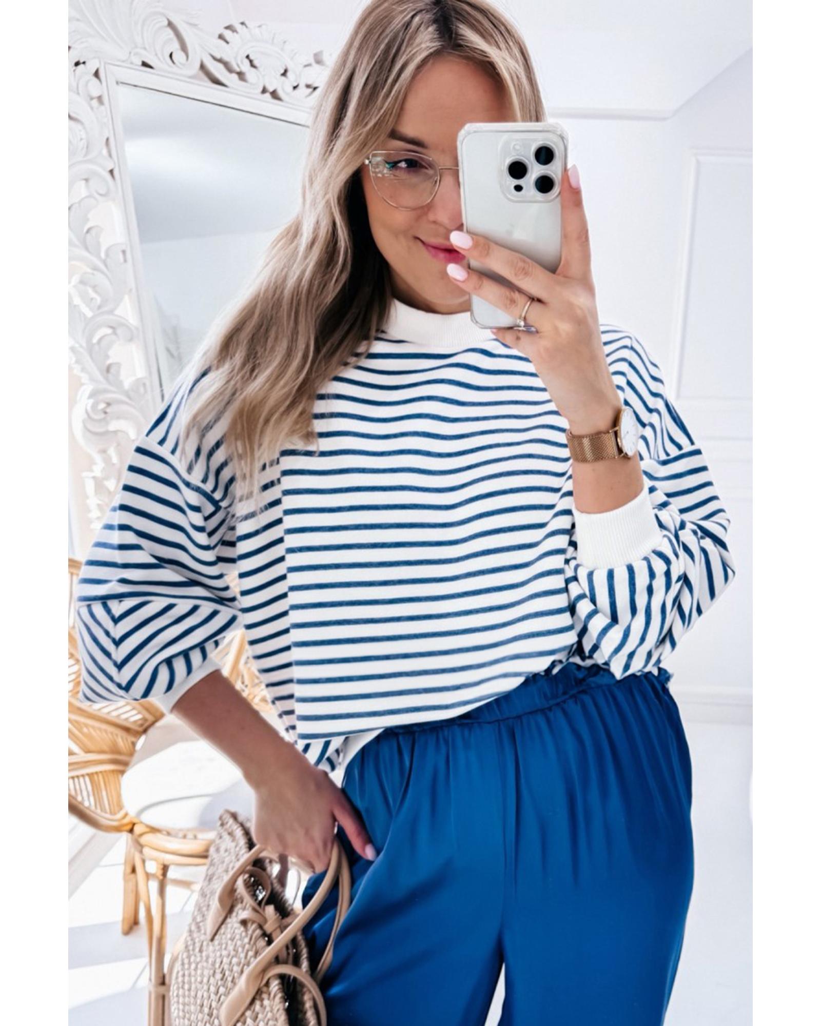 Blue Stripe Drop Shoulder Crew Neck Loose Sweatshirt - M 3