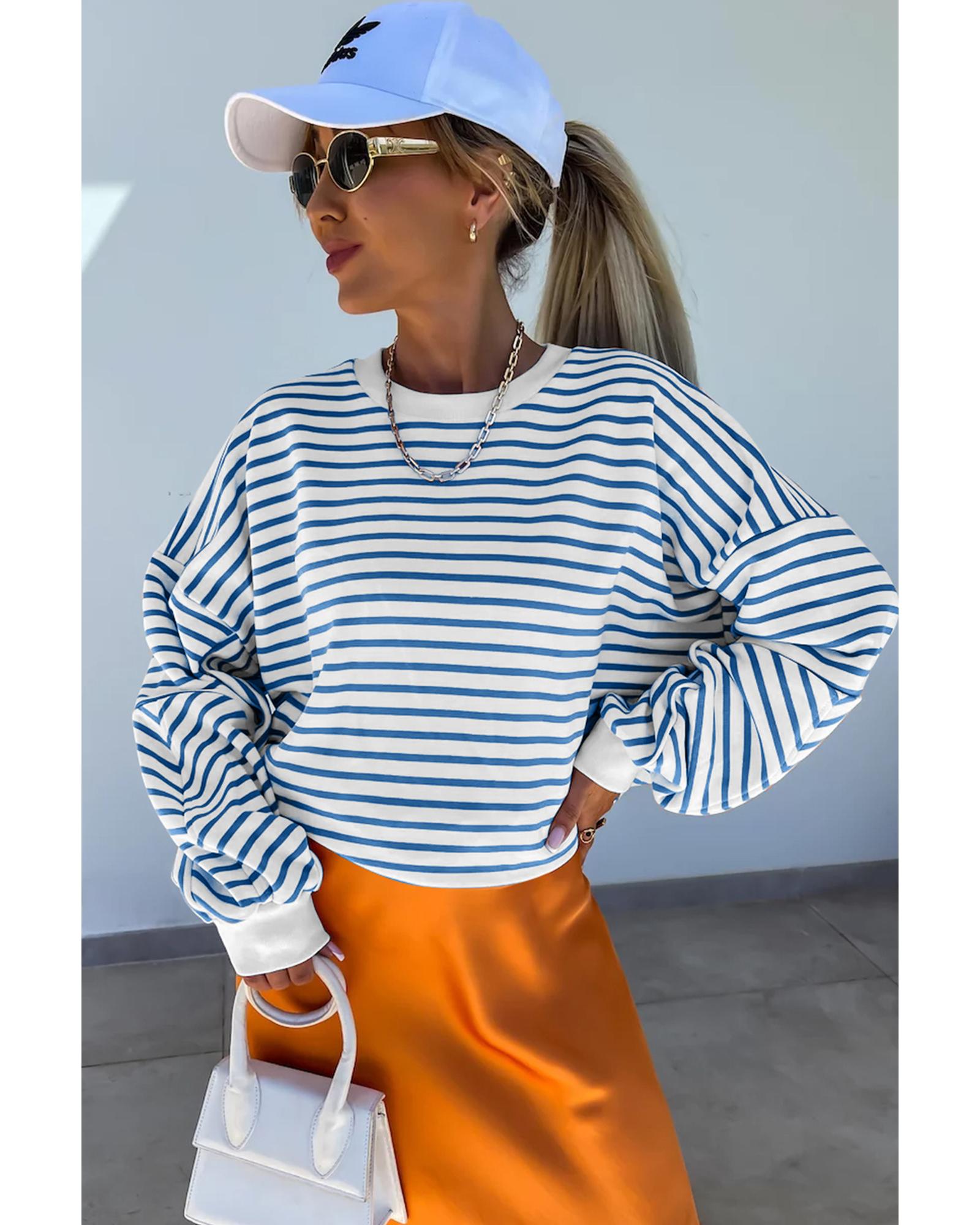 Blue Stripe Drop Shoulder Crew Neck Loose Sweatshirt - M 4