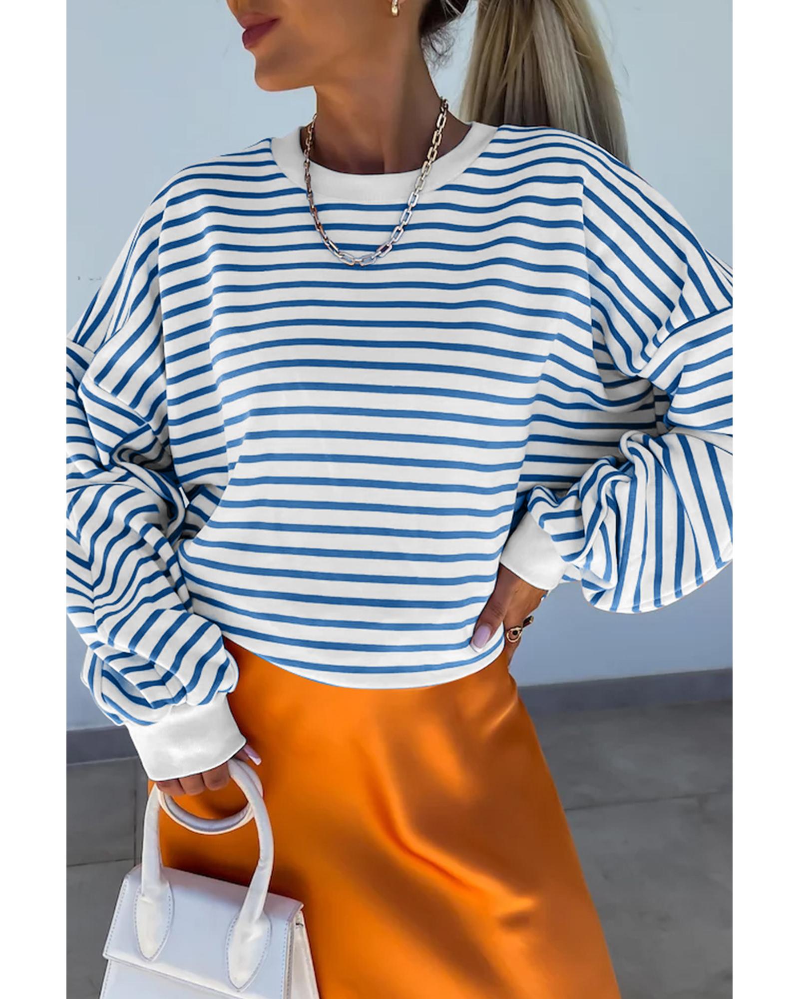 Blue Stripe Drop Shoulder Crew Neck Loose Sweatshirt - M 6