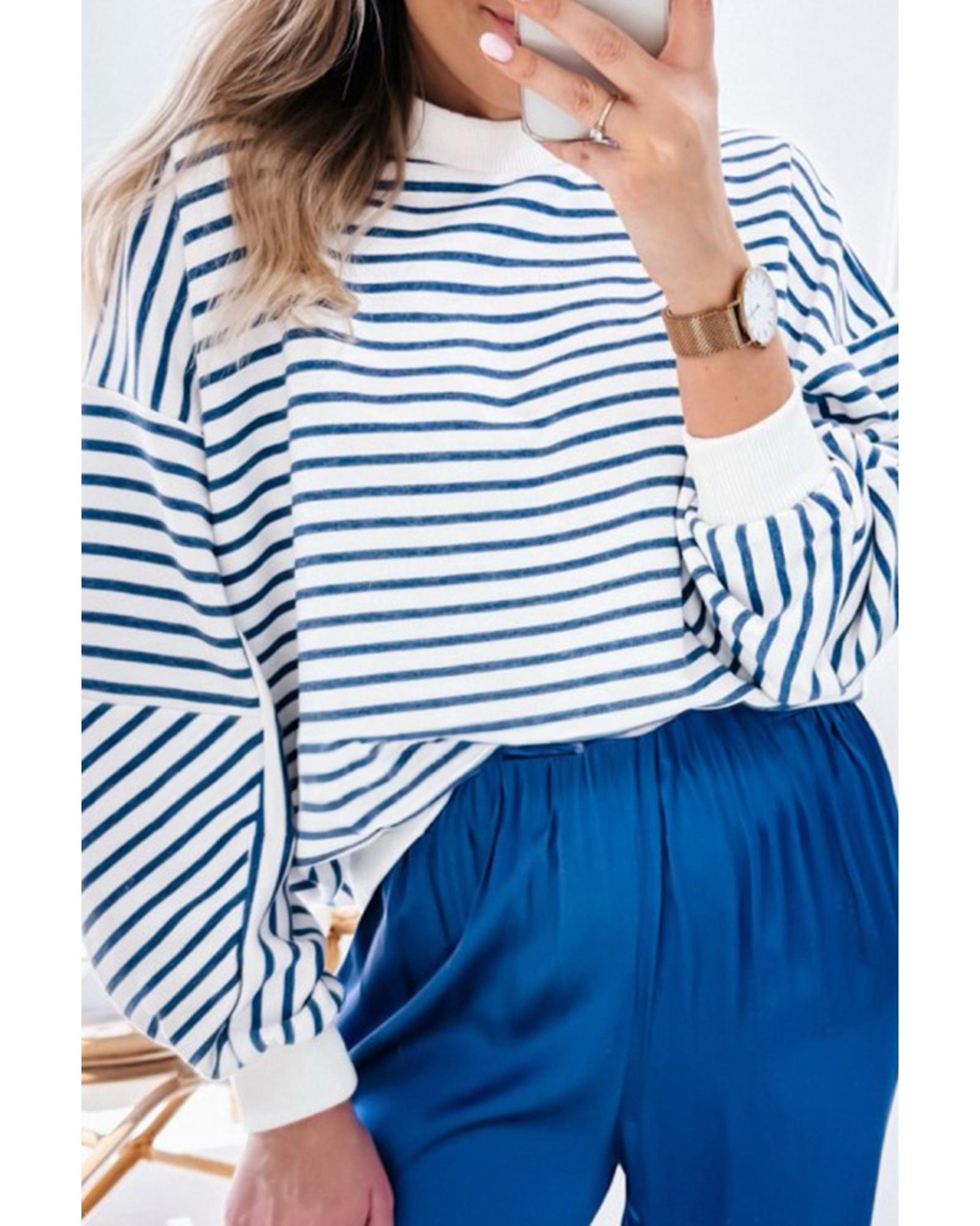Blue Stripe Drop Shoulder Crew Neck Loose Sweatshirt - M 7