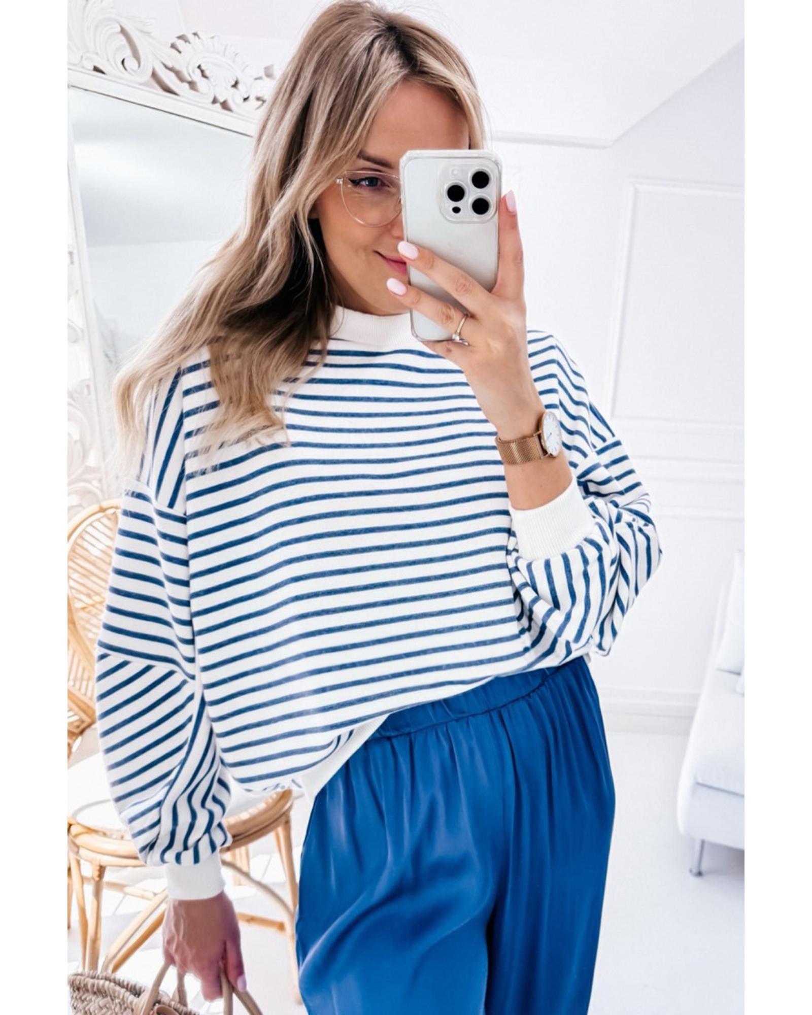 Blue Stripe Drop Shoulder Crew Neck Loose Sweatshirt - M 8