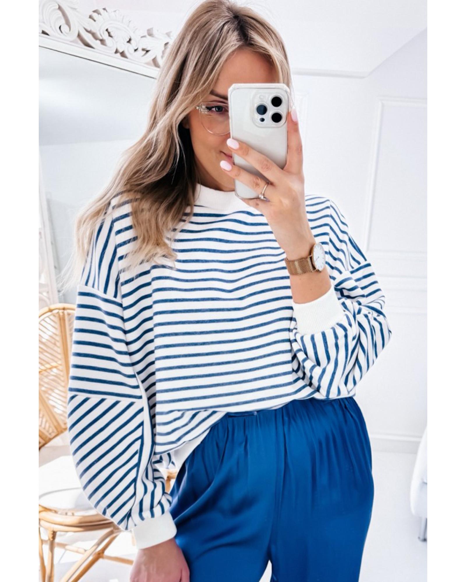 Blue Stripe Drop Shoulder Crew Neck Loose Sweatshirt - XL 5
