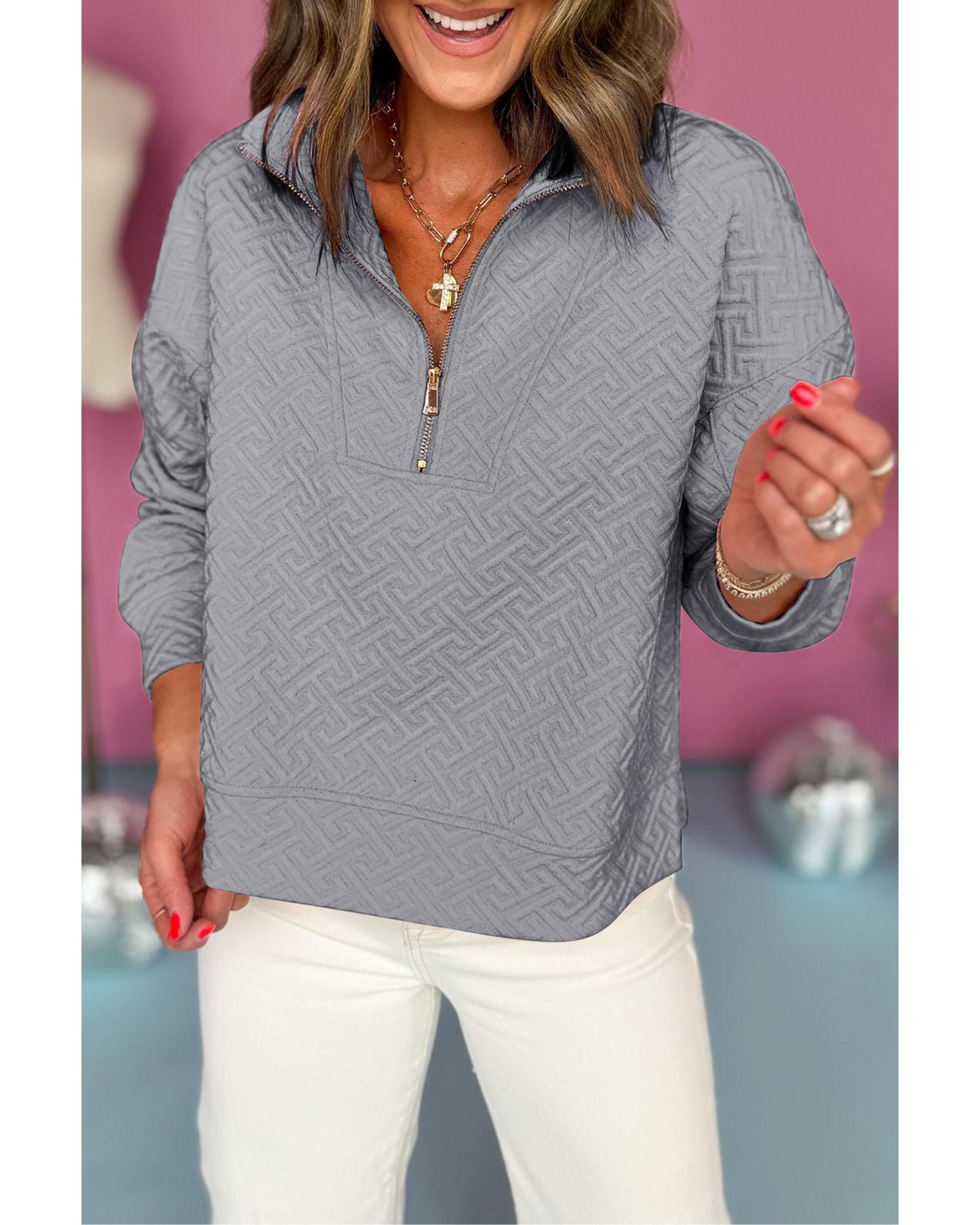 Gray Solid Textured Half Zipper Collared Sweatshirt - 2XL 3