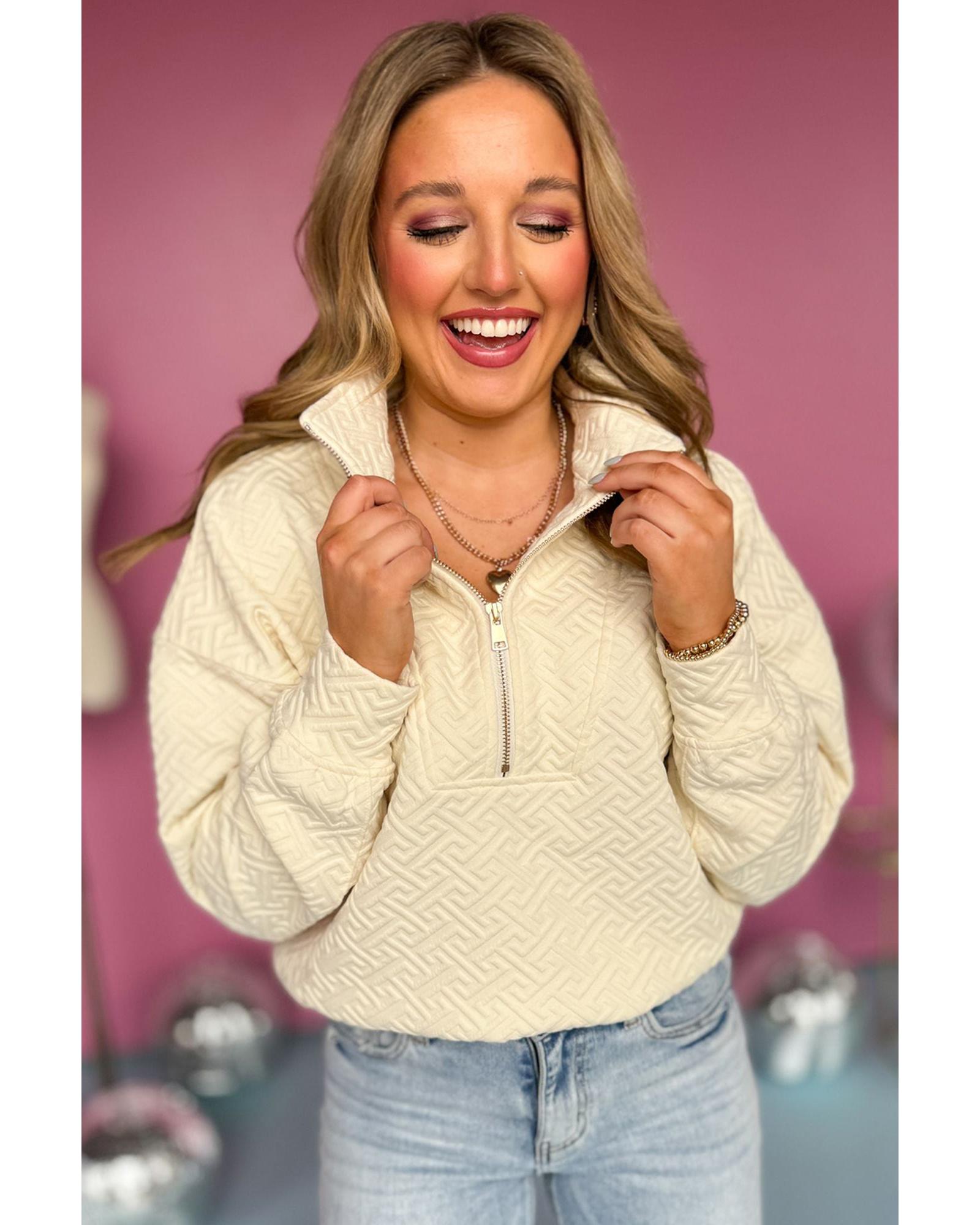 Beige Solid Textured Half Zipper Collared Sweatshirt - L 6
