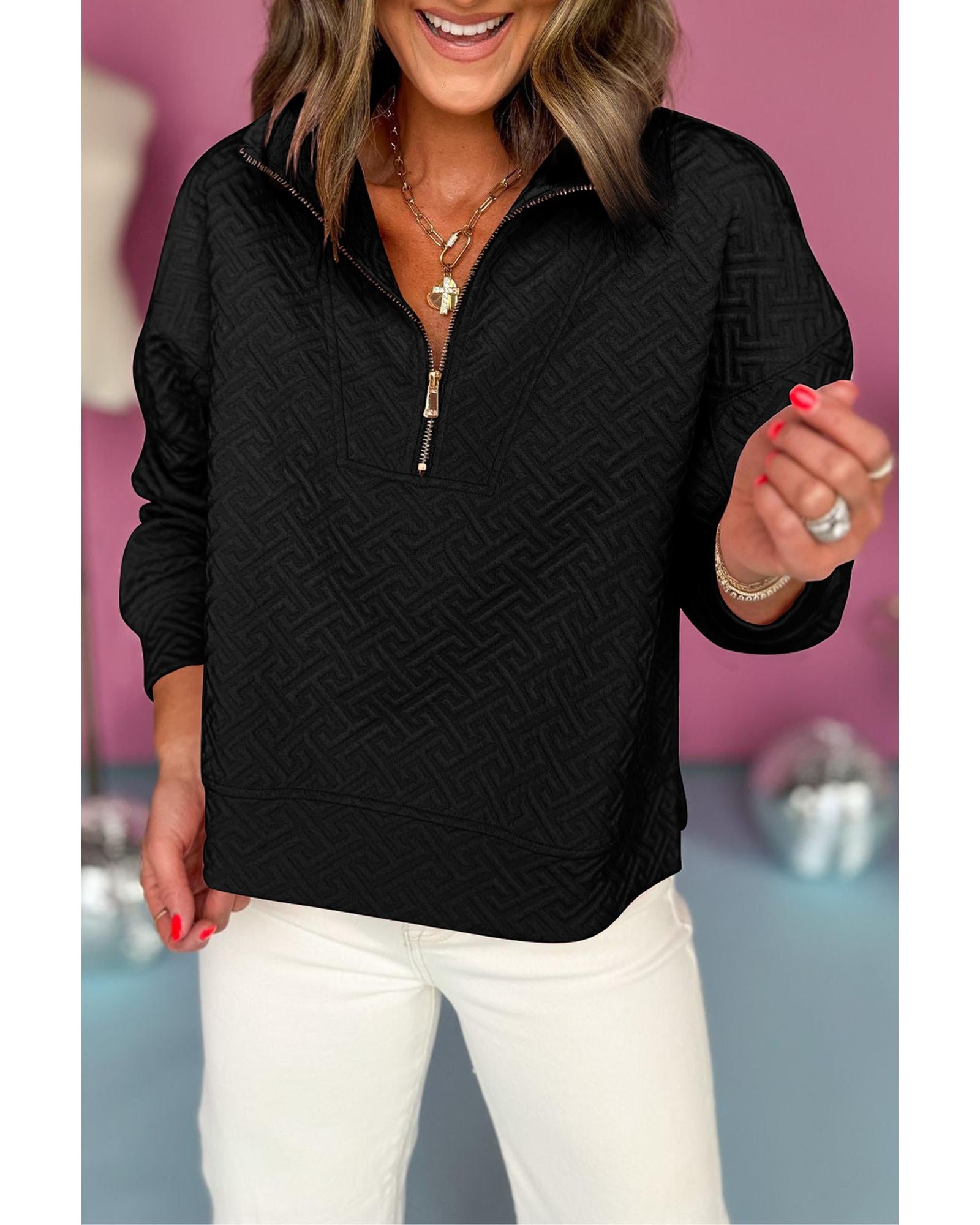 Black Solid Textured Half Zipper Collared Sweatshirt - XL