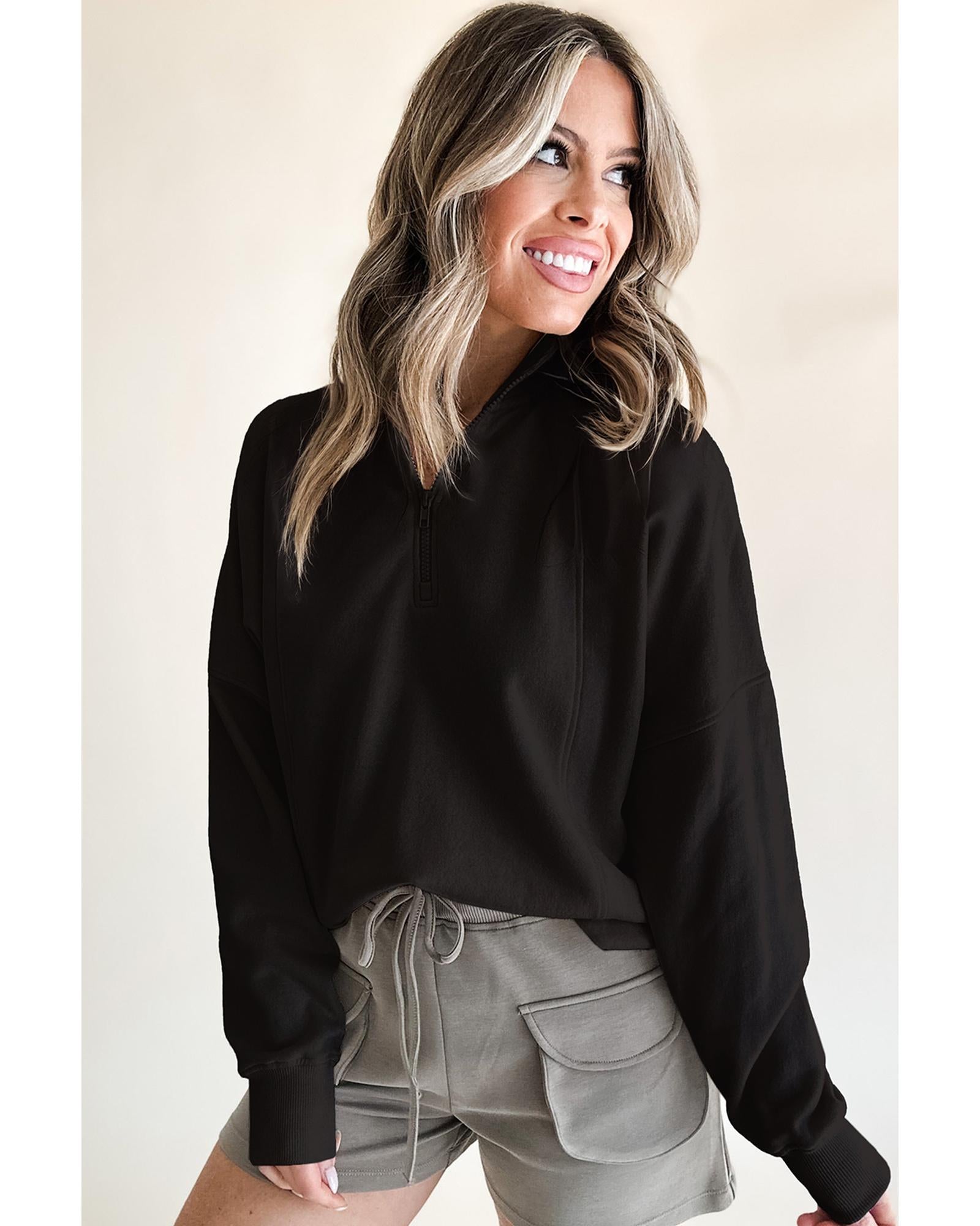 Black Zipped Neck Pullover Drop Shoulder Sweatshirt - L