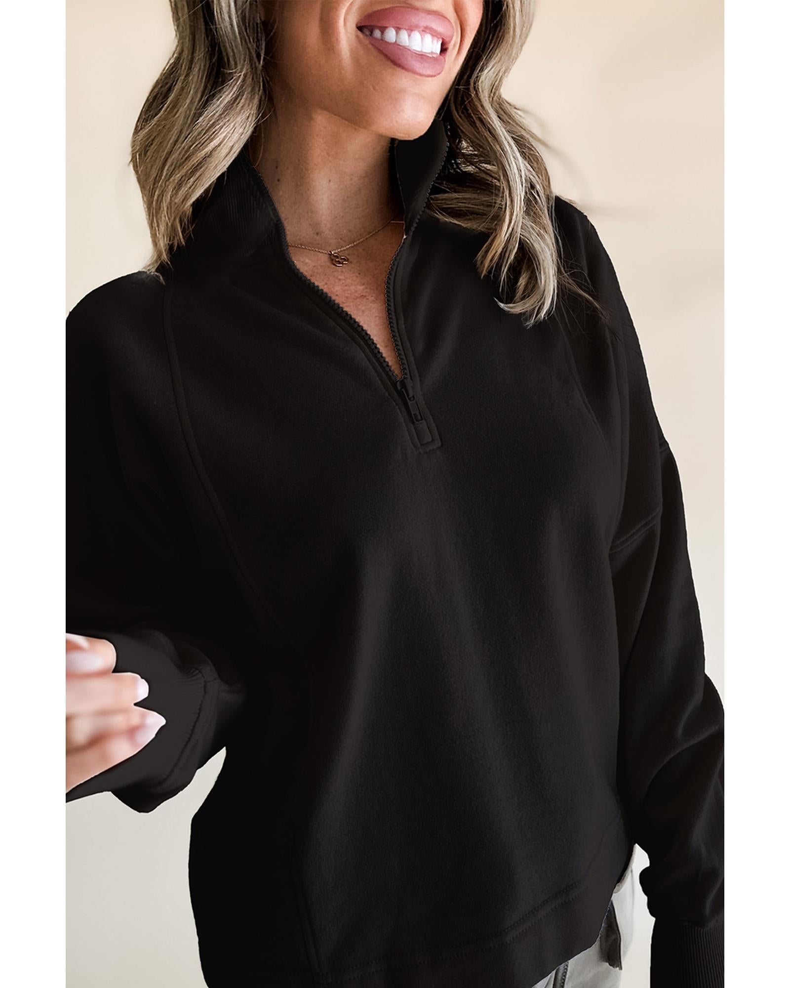 Black Zipped Neck Pullover Drop Shoulder Sweatshirt - L 4