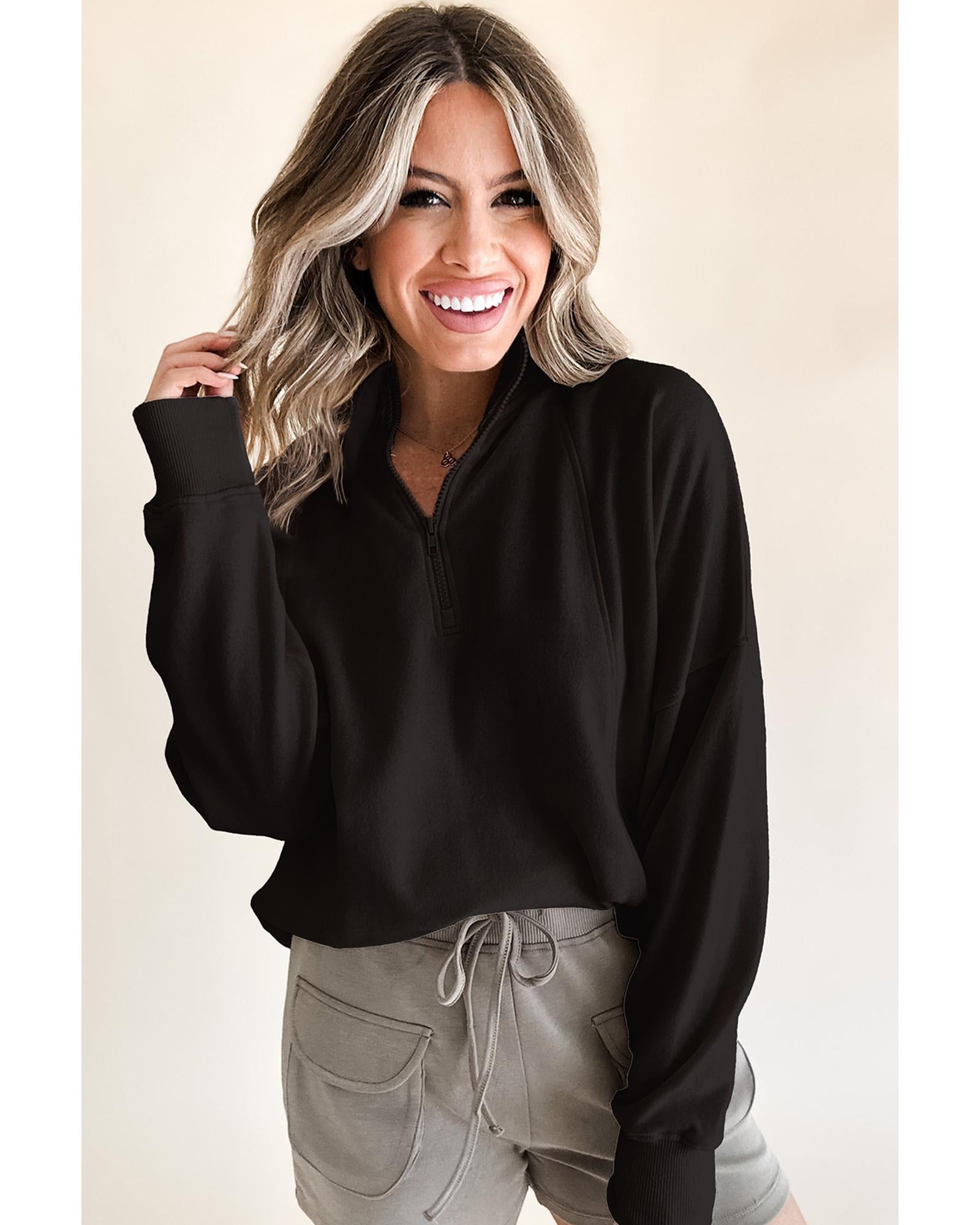 Black Zipped Neck Pullover Drop Shoulder Sweatshirt - S