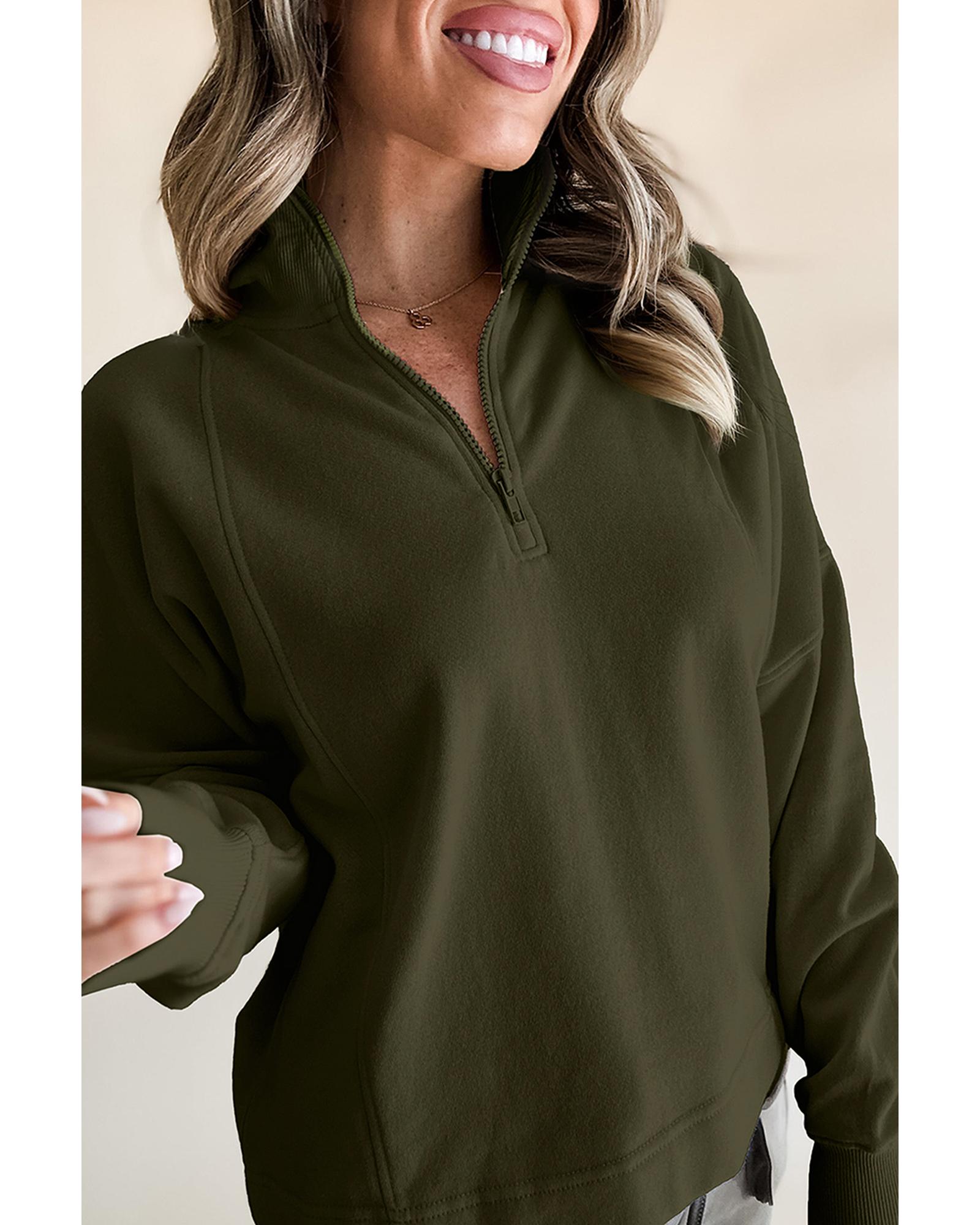Jungle Green Zipped Neck Pullover Drop Shoulder Sweatshirt - M