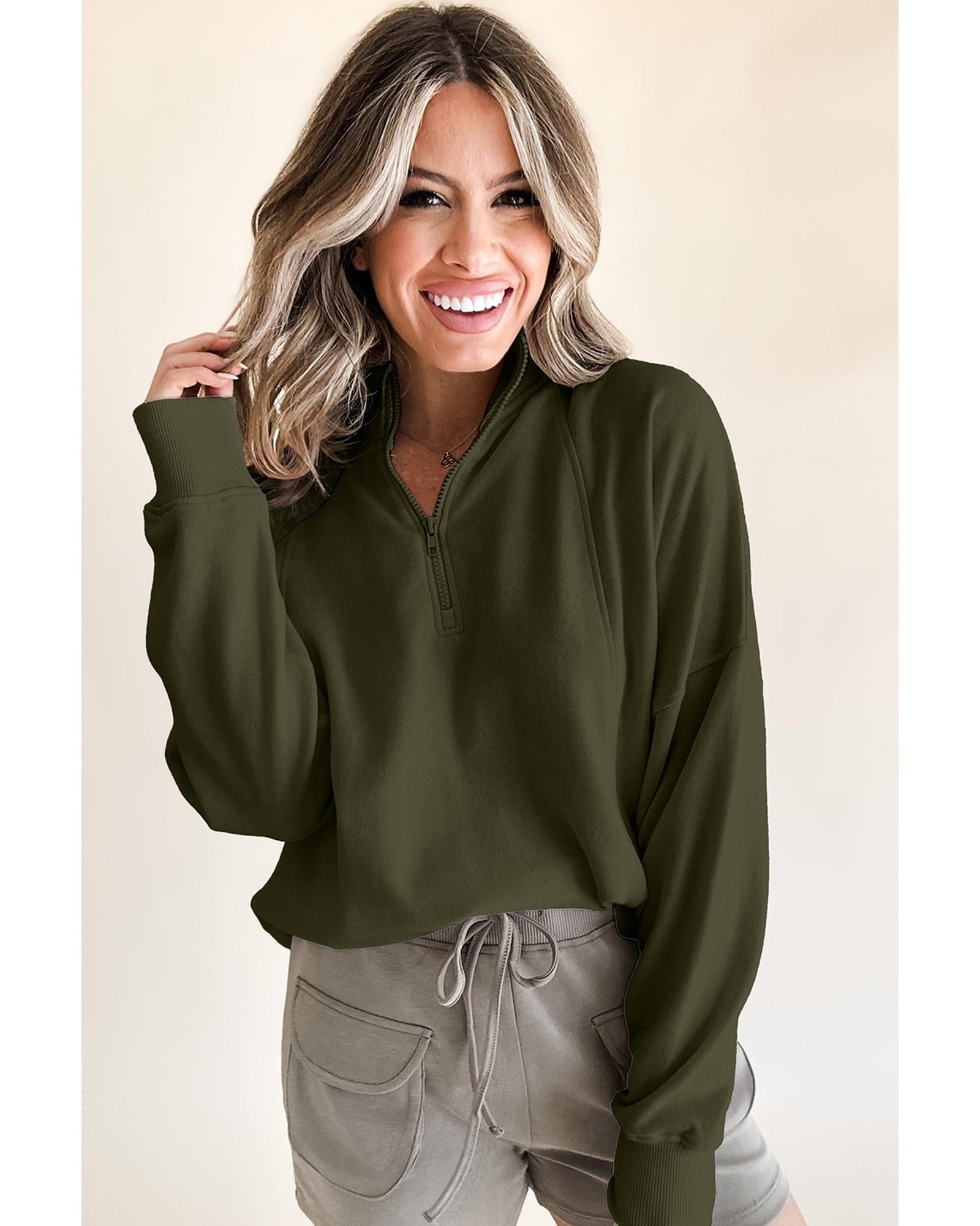 Jungle Green Zipped Neck Pullover Drop Shoulder Sweatshirt - S 6