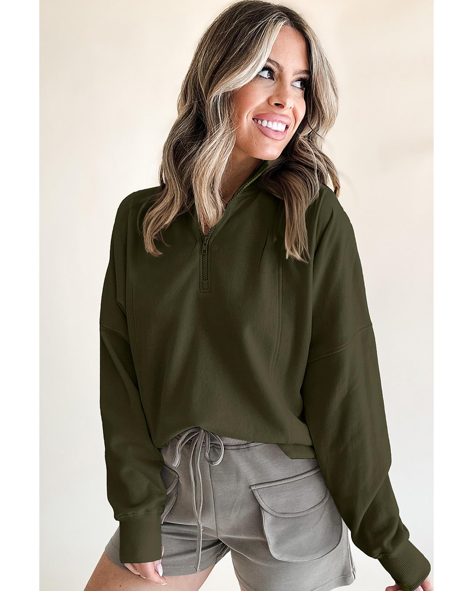 Jungle Green Zipped Neck Pullover Drop Shoulder Sweatshirt - XL 4
