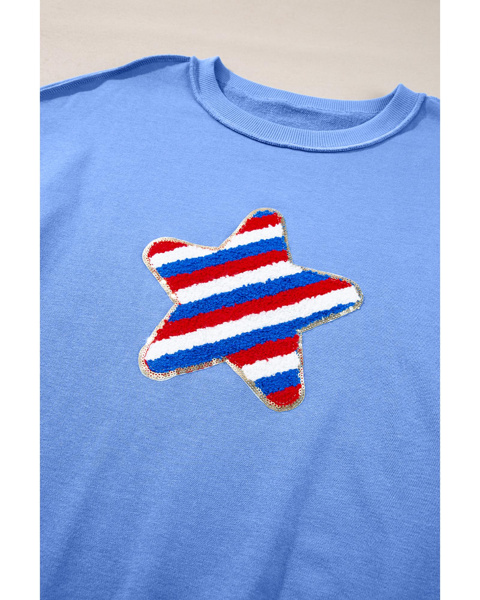 Sky Blue Sequin Trim Embroidered Star USA Pattern Sweatshirt - L 6