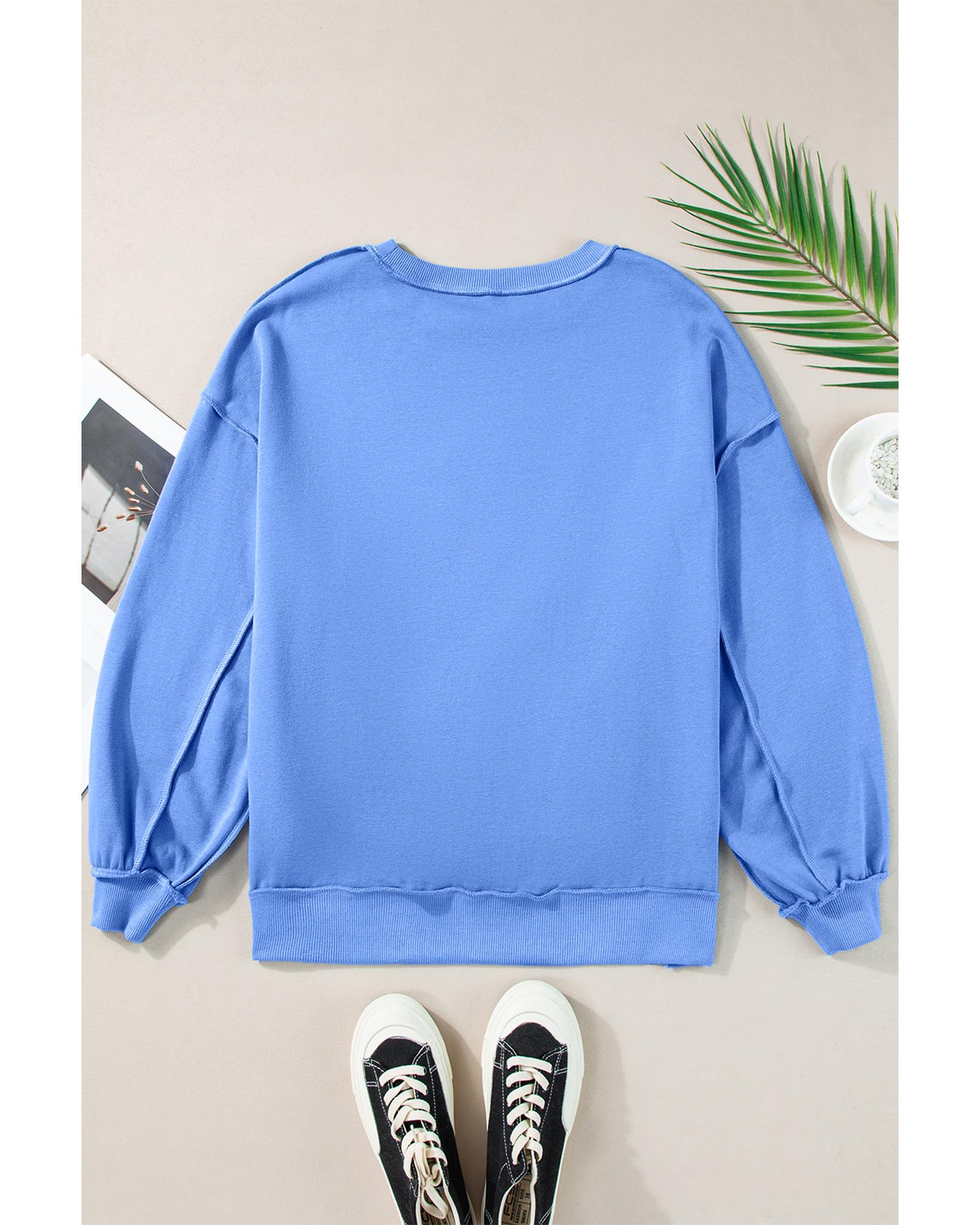 Sky Blue Sequin Trim Embroidered Star USA Pattern Sweatshirt - M 5