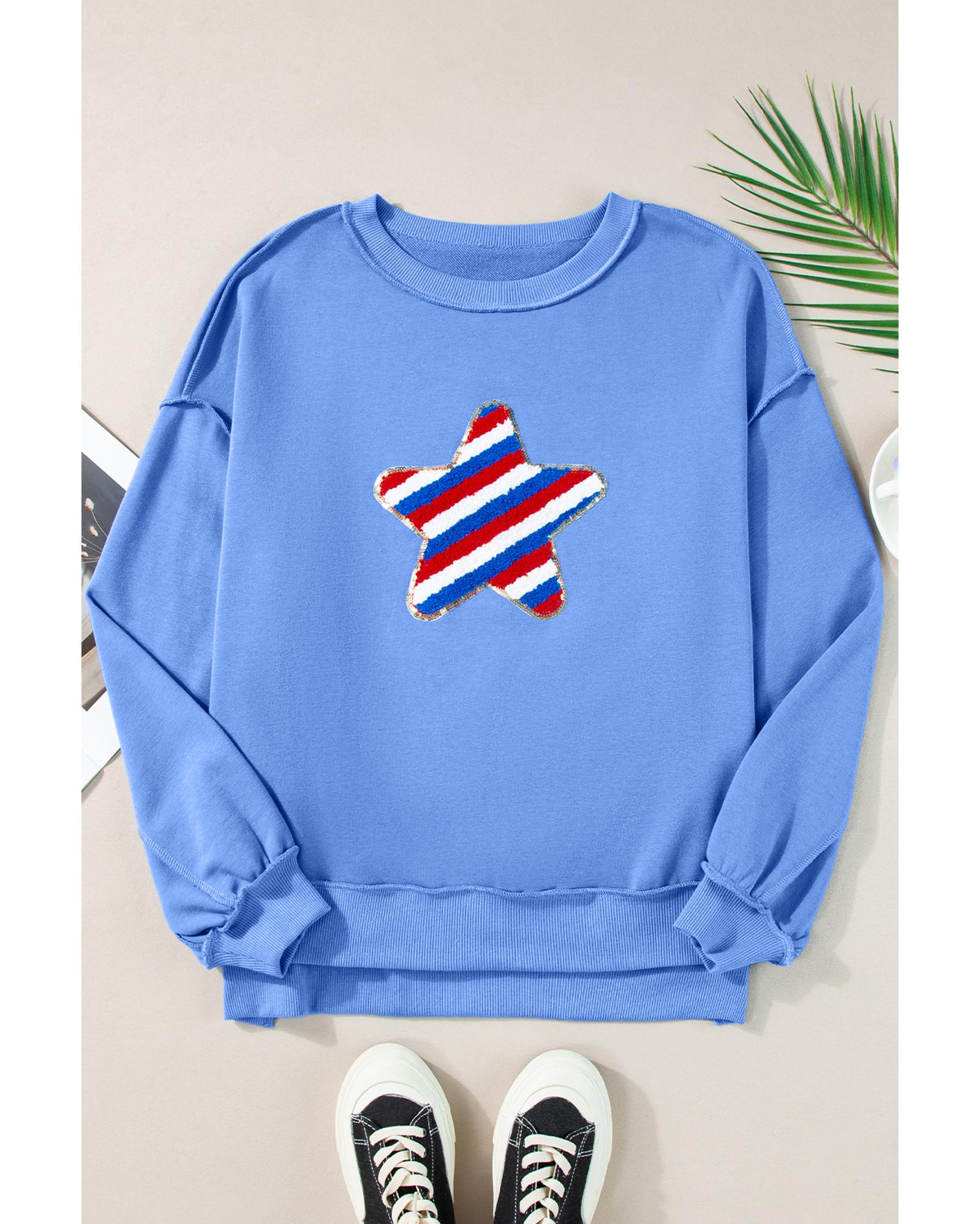 Sky Blue Sequin Trim Embroidered Star USA Pattern Sweatshirt - S 3