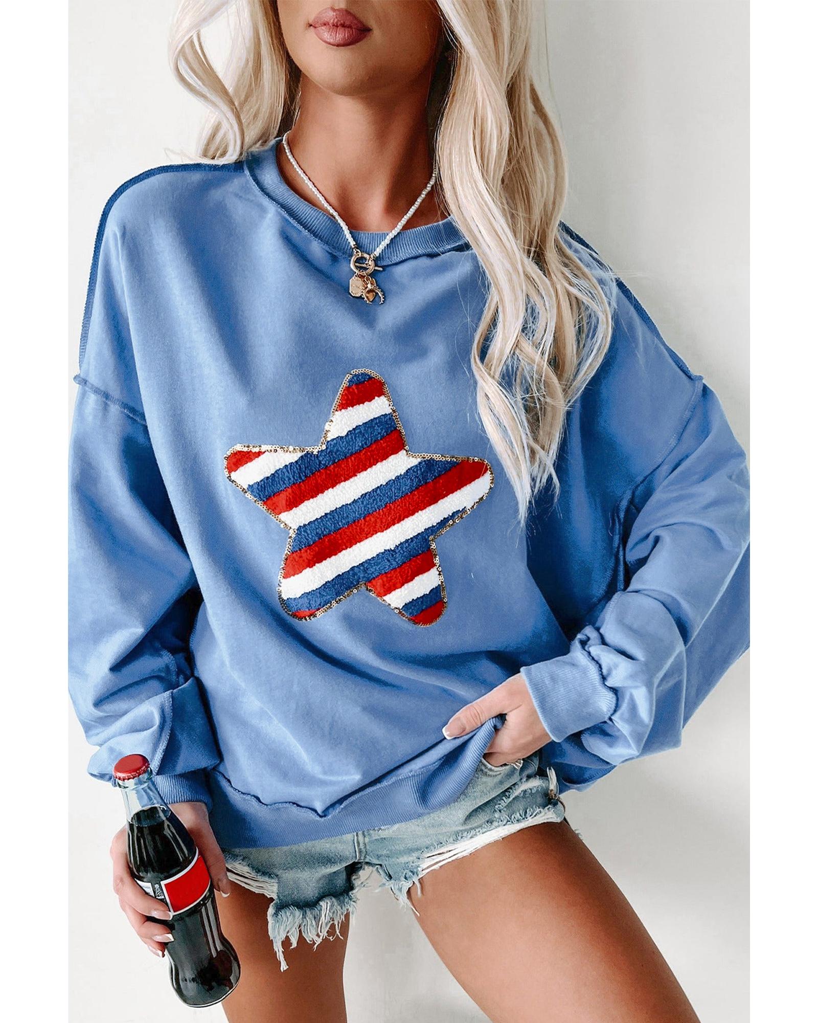 Sky Blue Sequin Trim Embroidered Star USA Pattern Sweatshirt - S 7