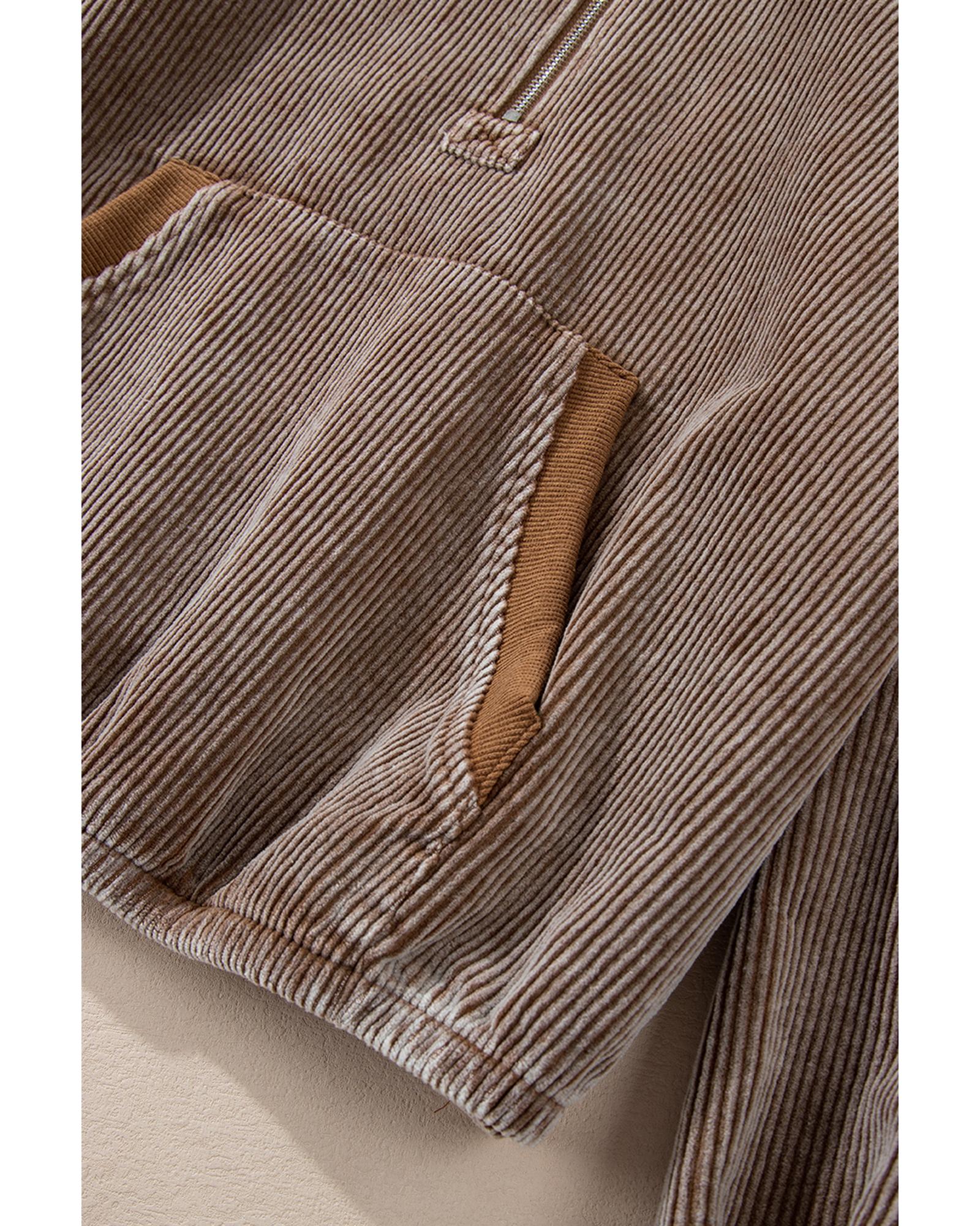 Chestnut Half Zipper Kangaroo Pocket Drawstring Corduroy Hoodie - L 4