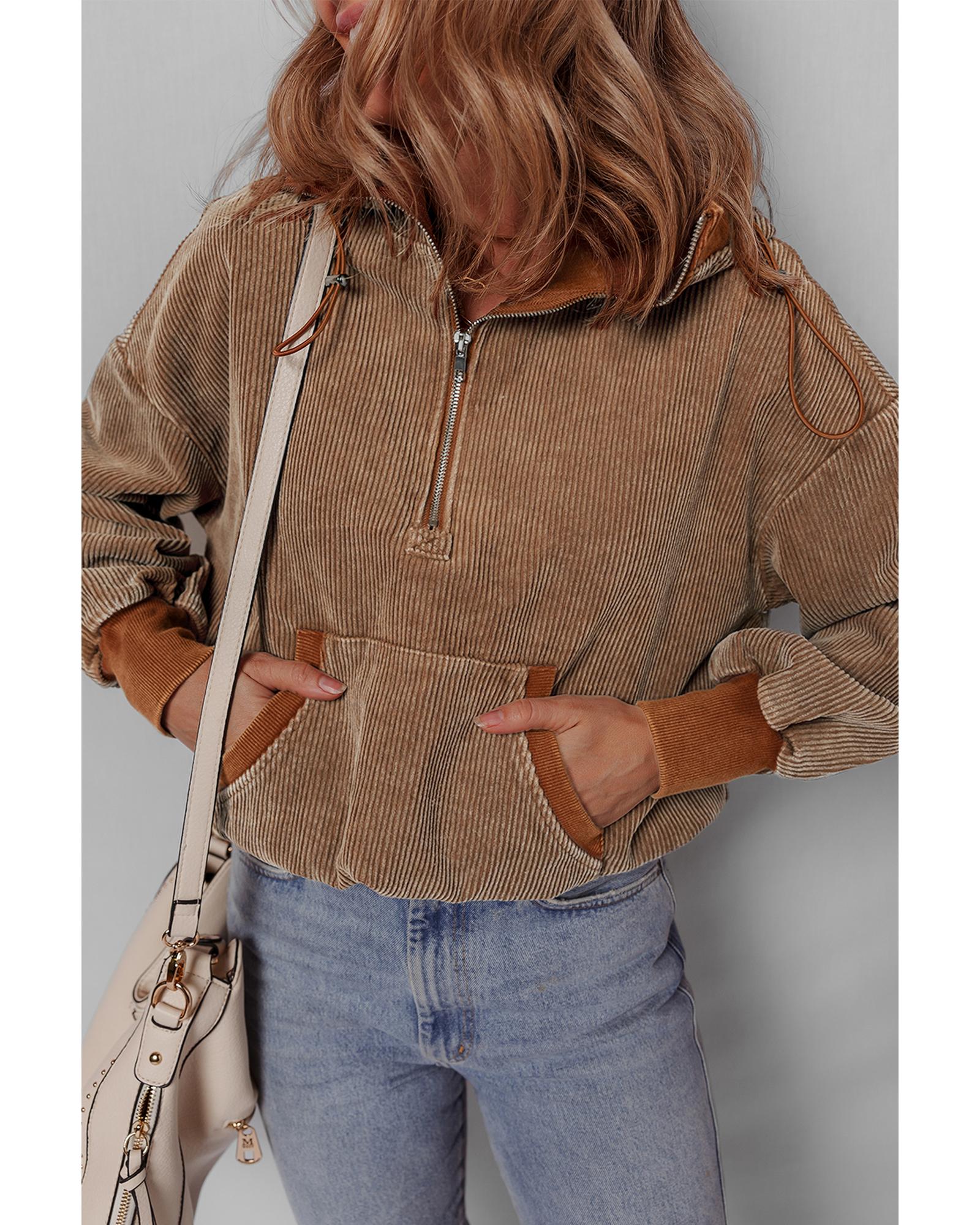 Chestnut Half Zipper Kangaroo Pocket Drawstring Corduroy Hoodie - L 6