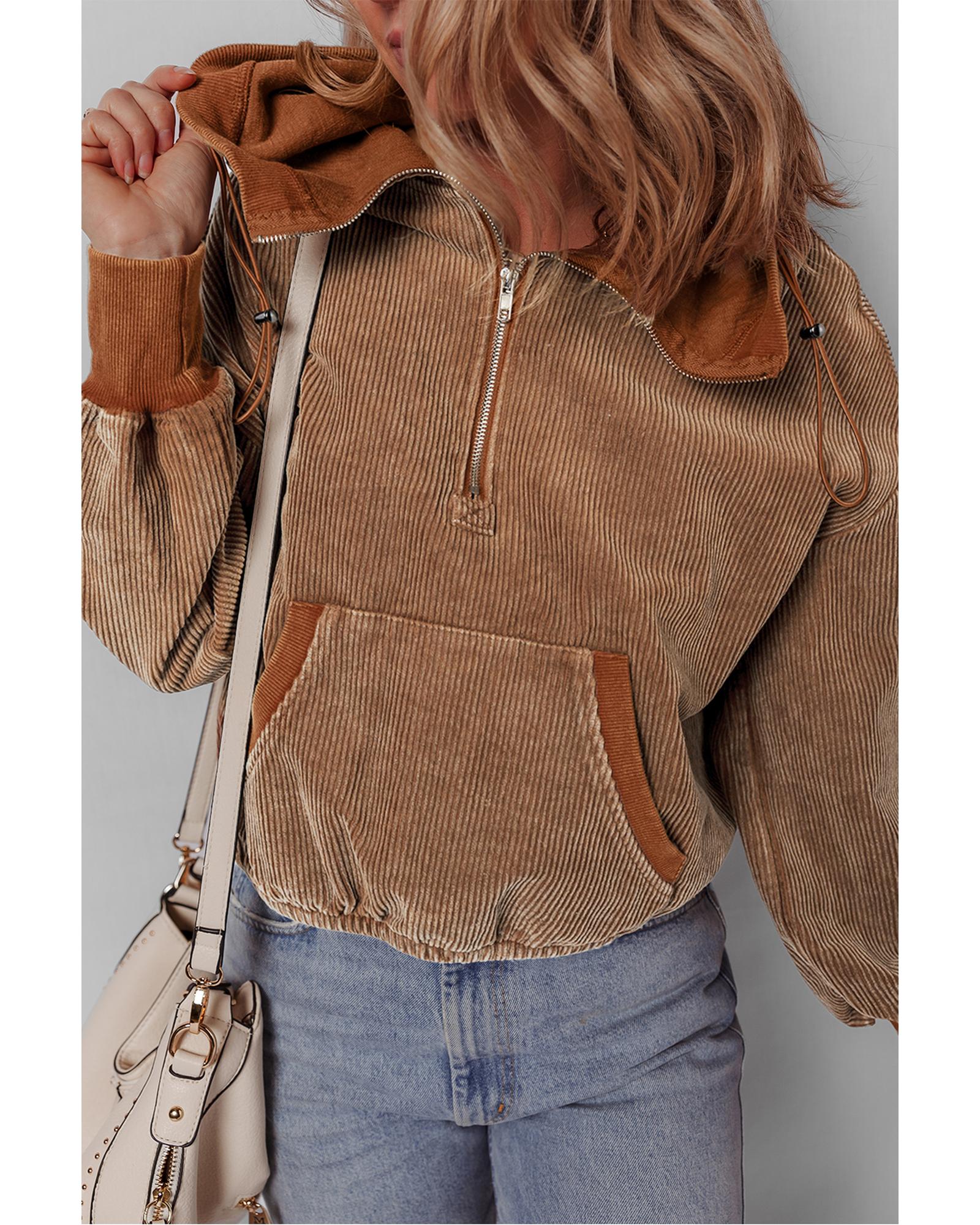 Chestnut Half Zipper Kangaroo Pocket Drawstring Corduroy Hoodie - L 8