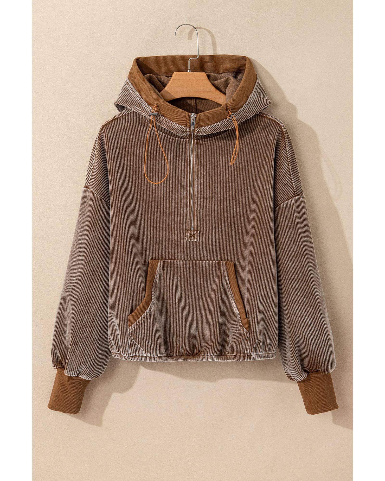 Chestnut Half Zipper Kangaroo Pocket Drawstring Corduroy Hoodie - M 7