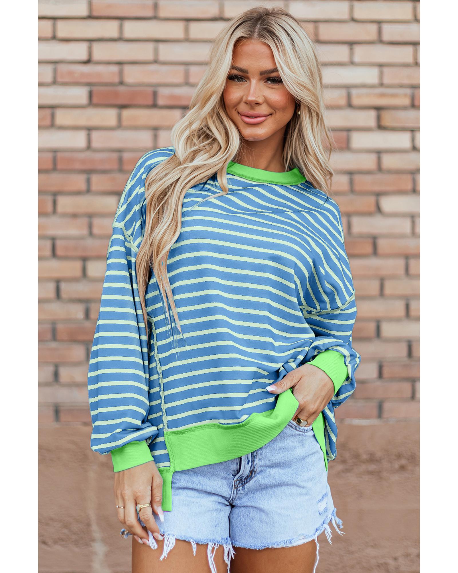 Sky Blue Stripe Contrast Trim High Low Pullover Tunic Sweatshirt - L 3
