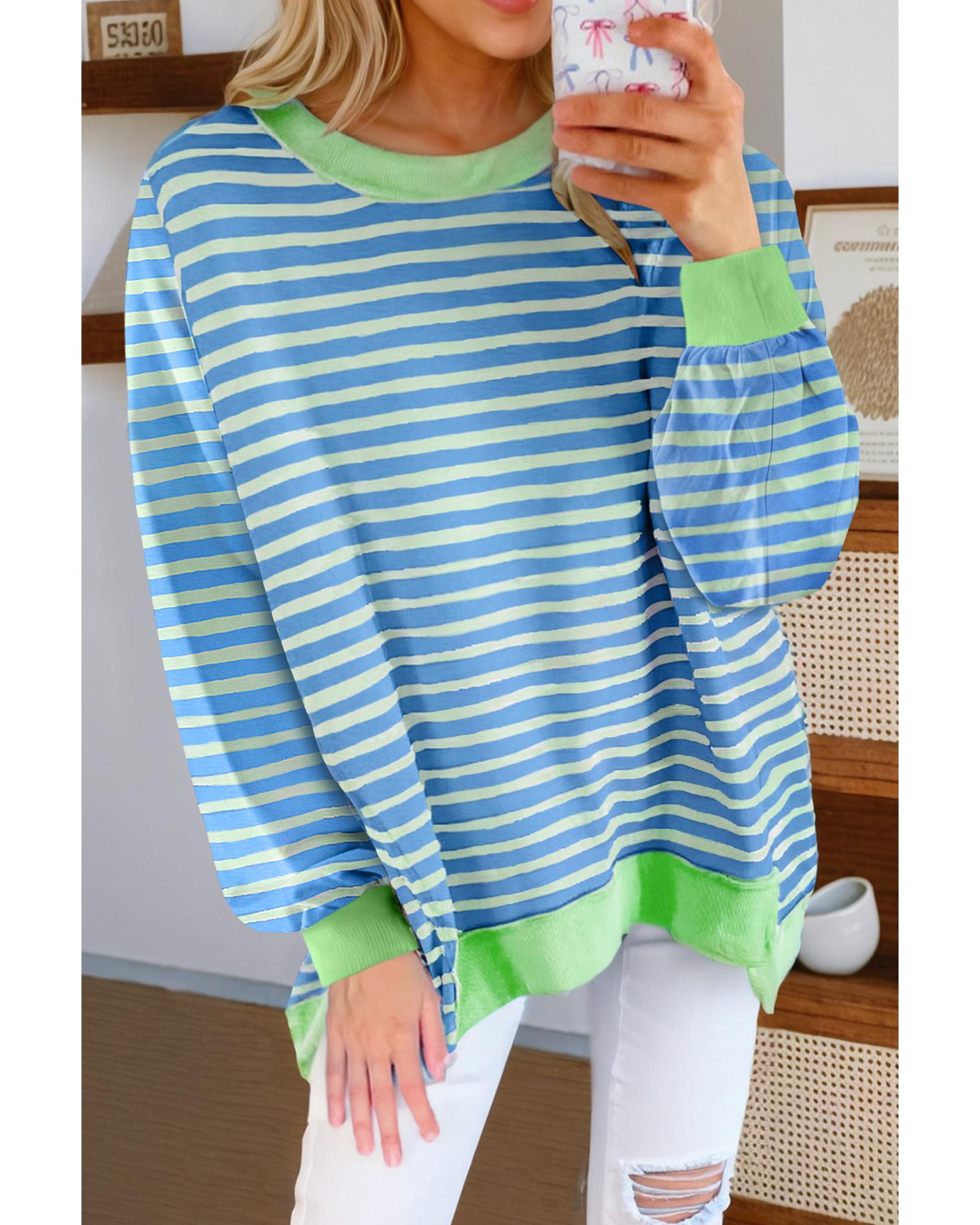 Sky Blue Stripe Contrast Trim High Low Pullover Tunic Sweatshirt - S 4