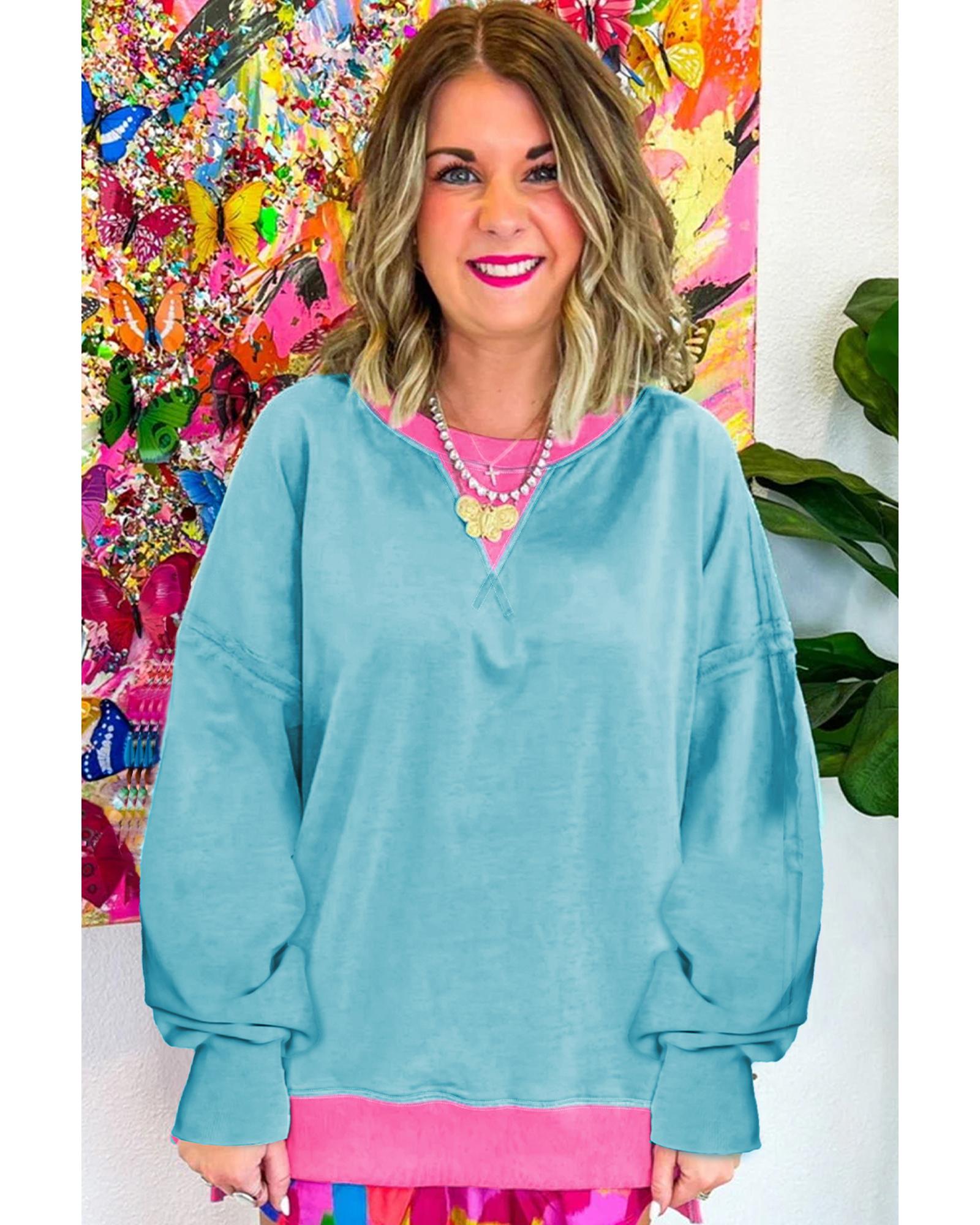 Light Blue Colorblock Patchwork Crew Neck Loose Sweatshirt - M 5