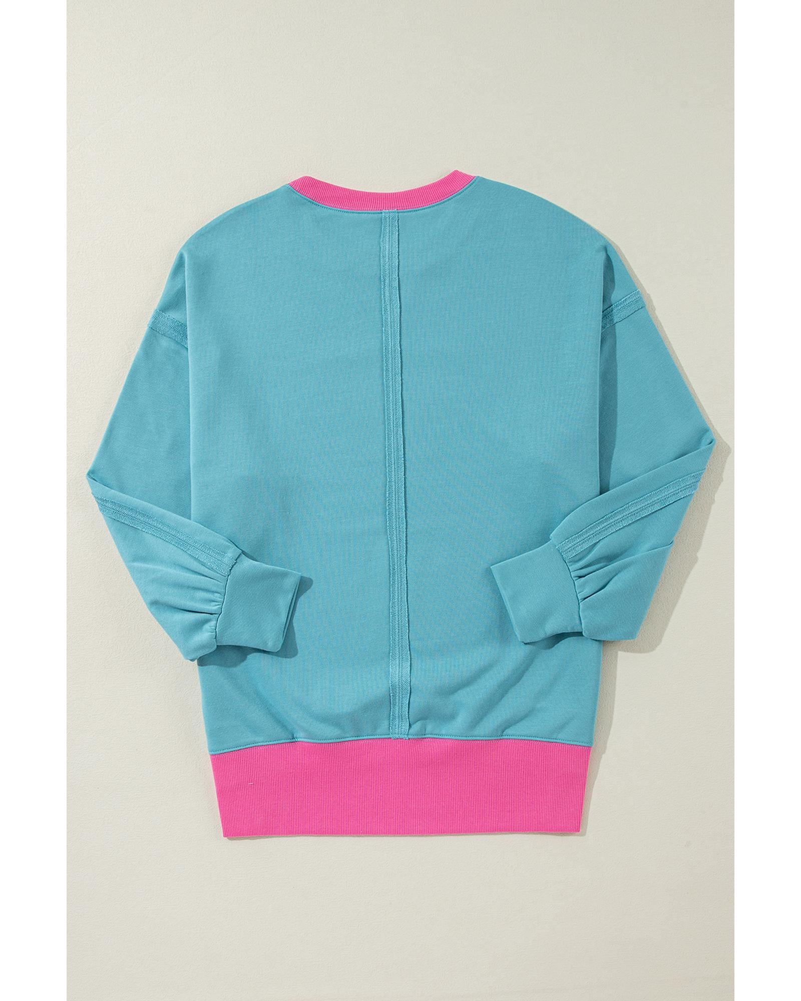 Light Blue Colorblock Patchwork Crew Neck Loose Sweatshirt - M 7