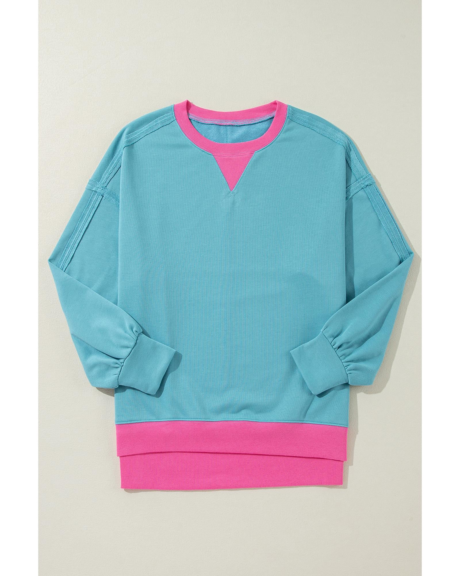 Light Blue Colorblock Patchwork Crew Neck Loose Sweatshirt - XL