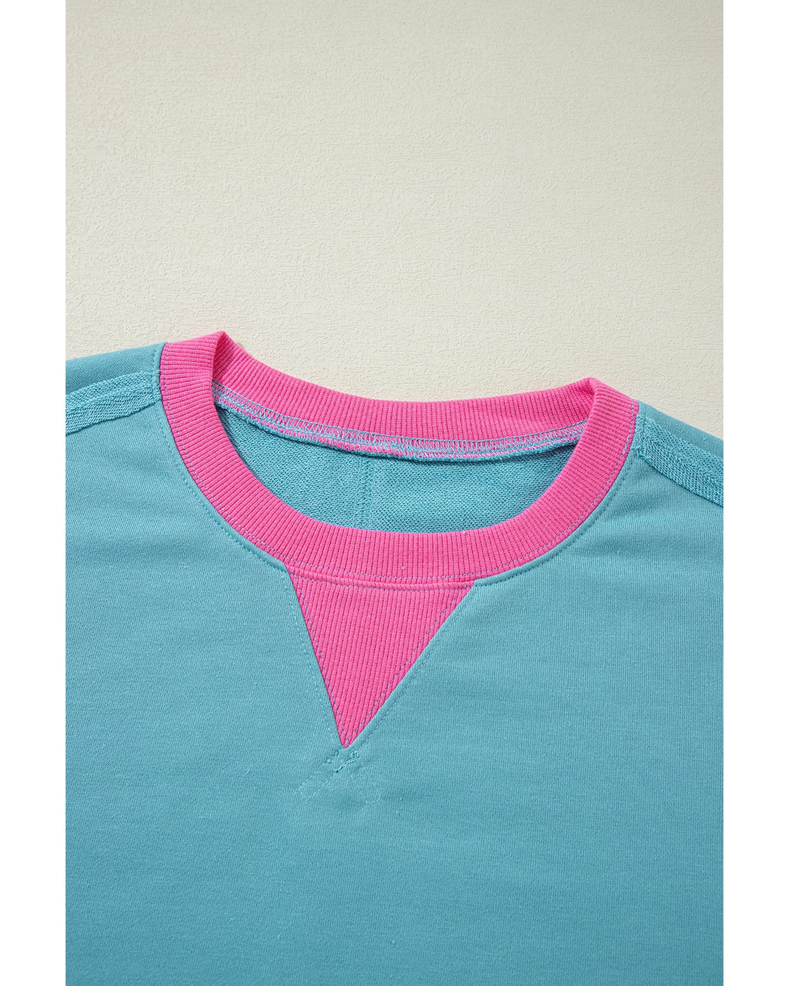 Light Blue Colorblock Patchwork Crew Neck Loose Sweatshirt - XL