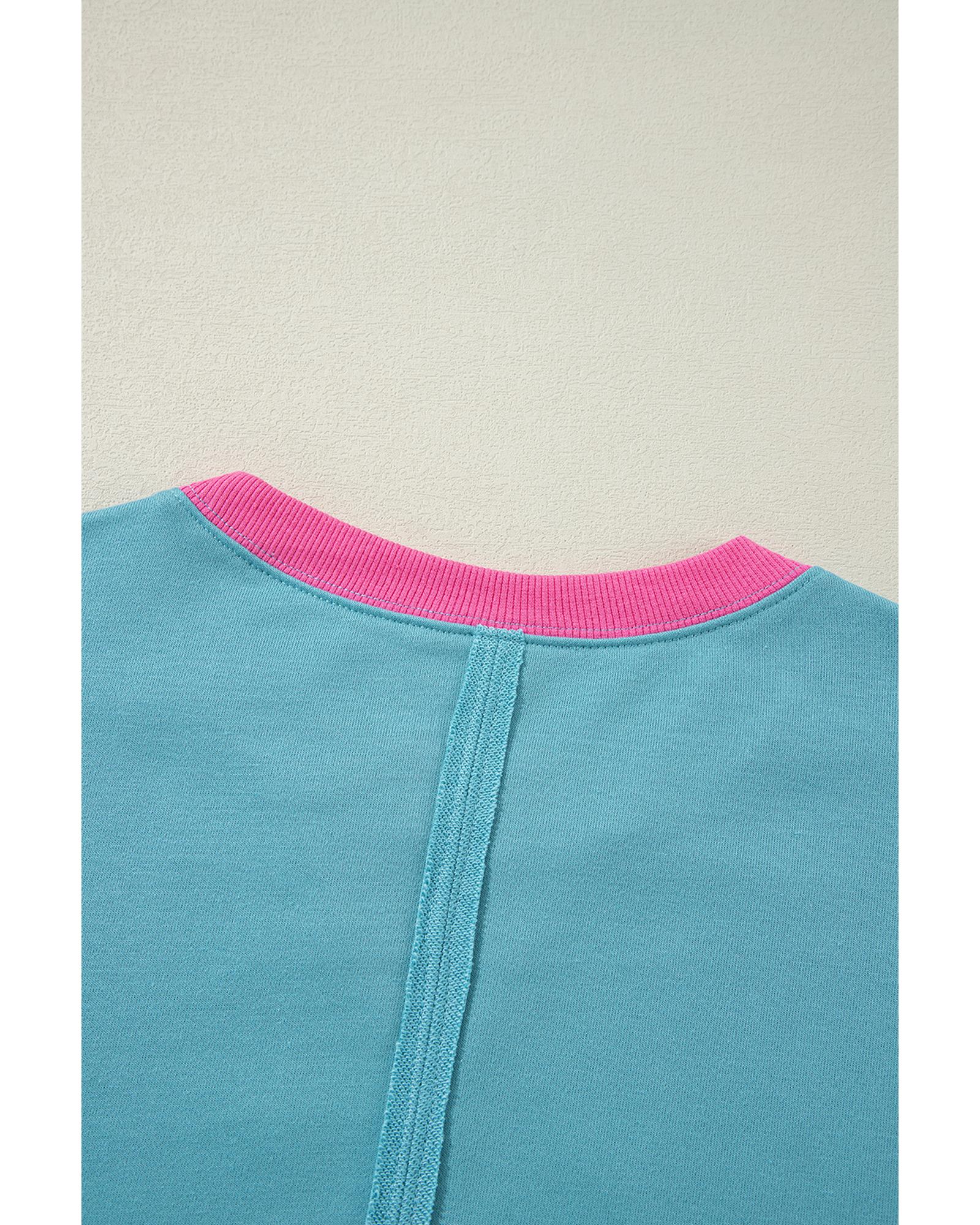 Light Blue Colorblock Patchwork Crew Neck Loose Sweatshirt - XL 3