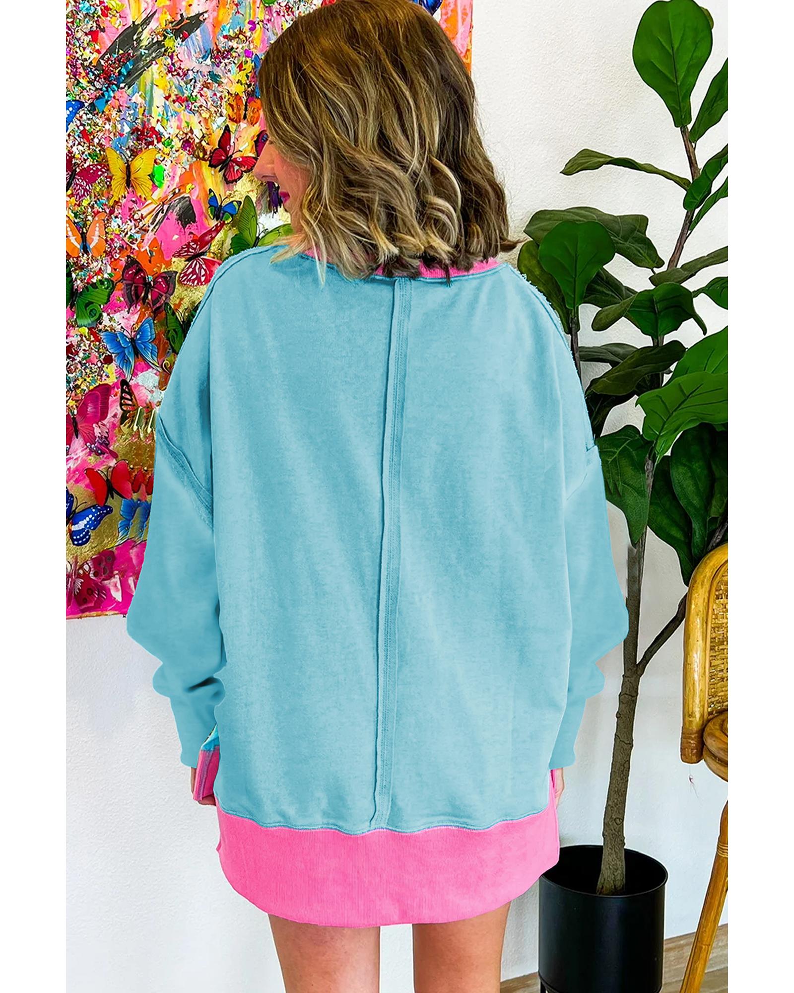 Light Blue Colorblock Patchwork Crew Neck Loose Sweatshirt - XL 8