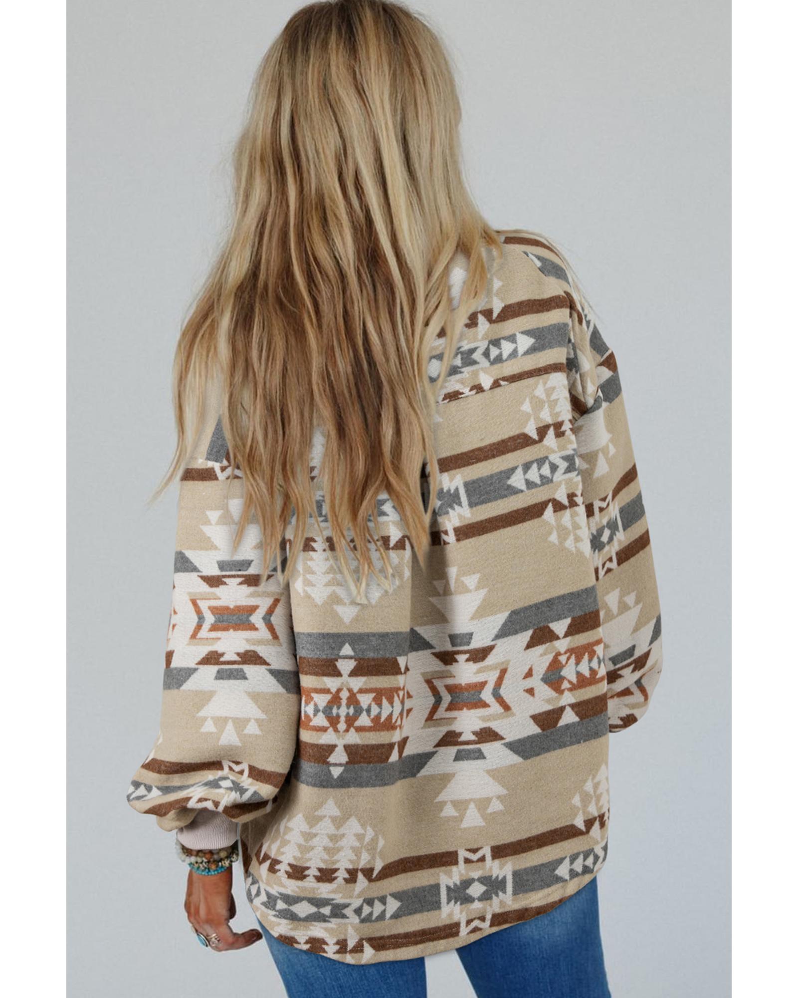 Apricot Aztec Print Collared Flap Pocket Sweatshirt - 2XL 3