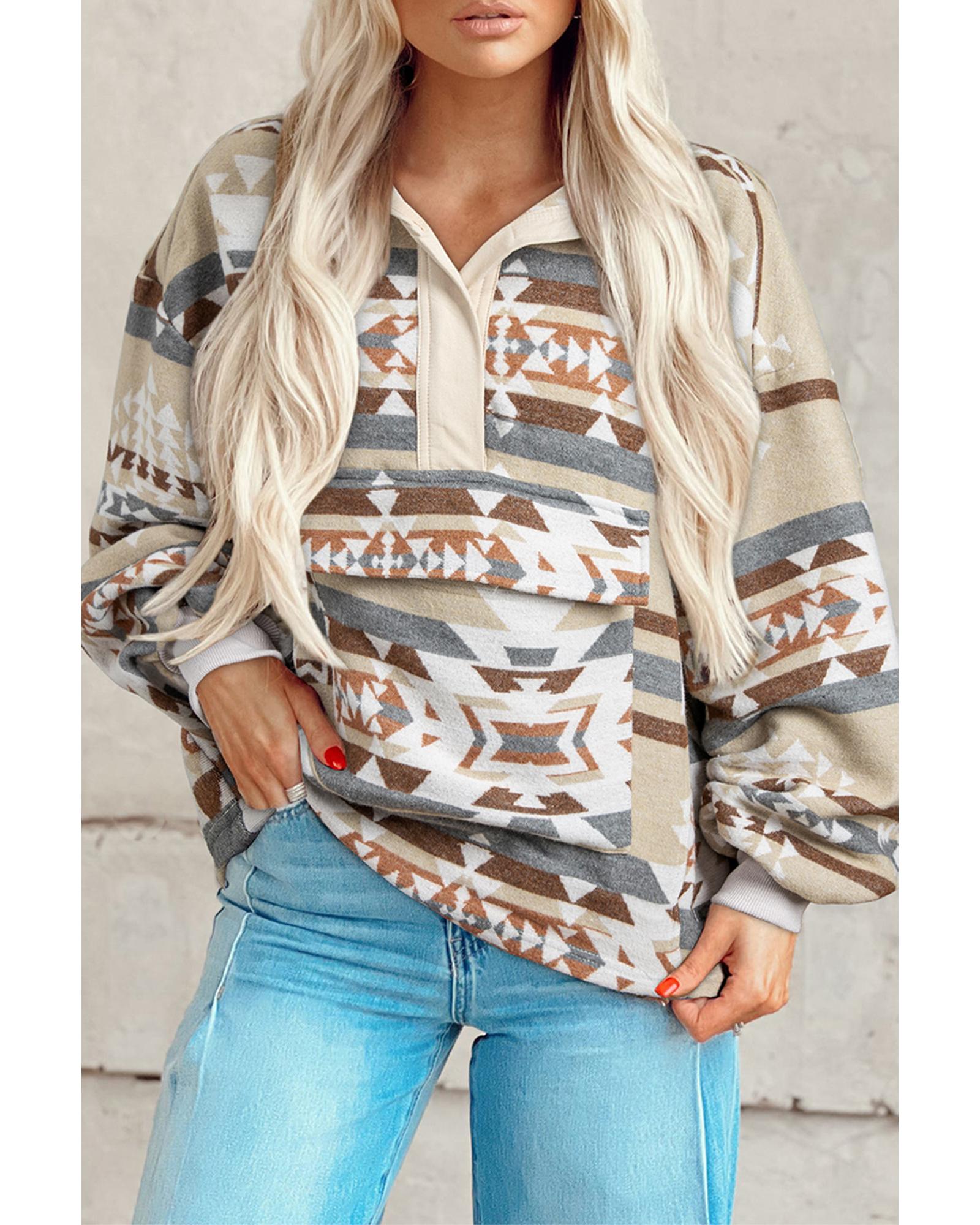 Apricot Aztec Print Collared Flap Pocket Sweatshirt - 2XL 4