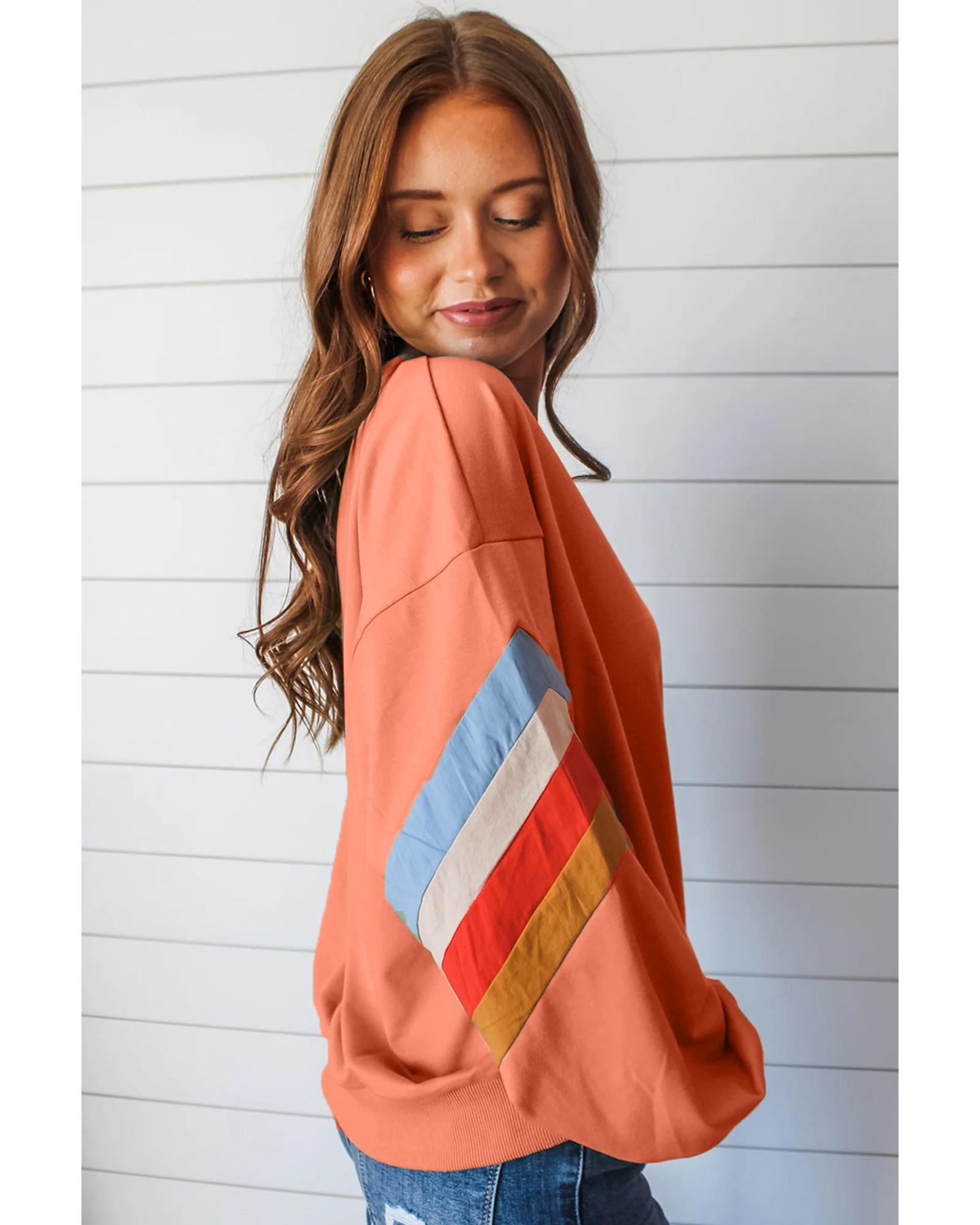 Flamingo Rainbow Striped Sleeve Crew Neck Loose Sweatshirt - L 3