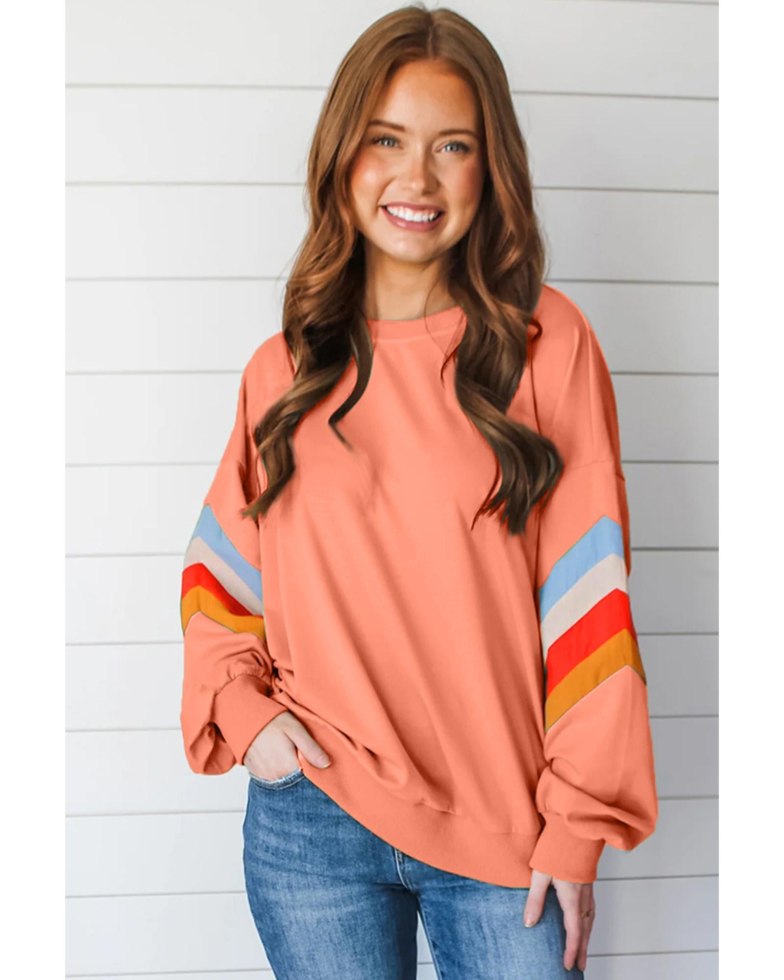 Flamingo Rainbow Striped Sleeve Crew Neck Loose Sweatshirt - XL 6