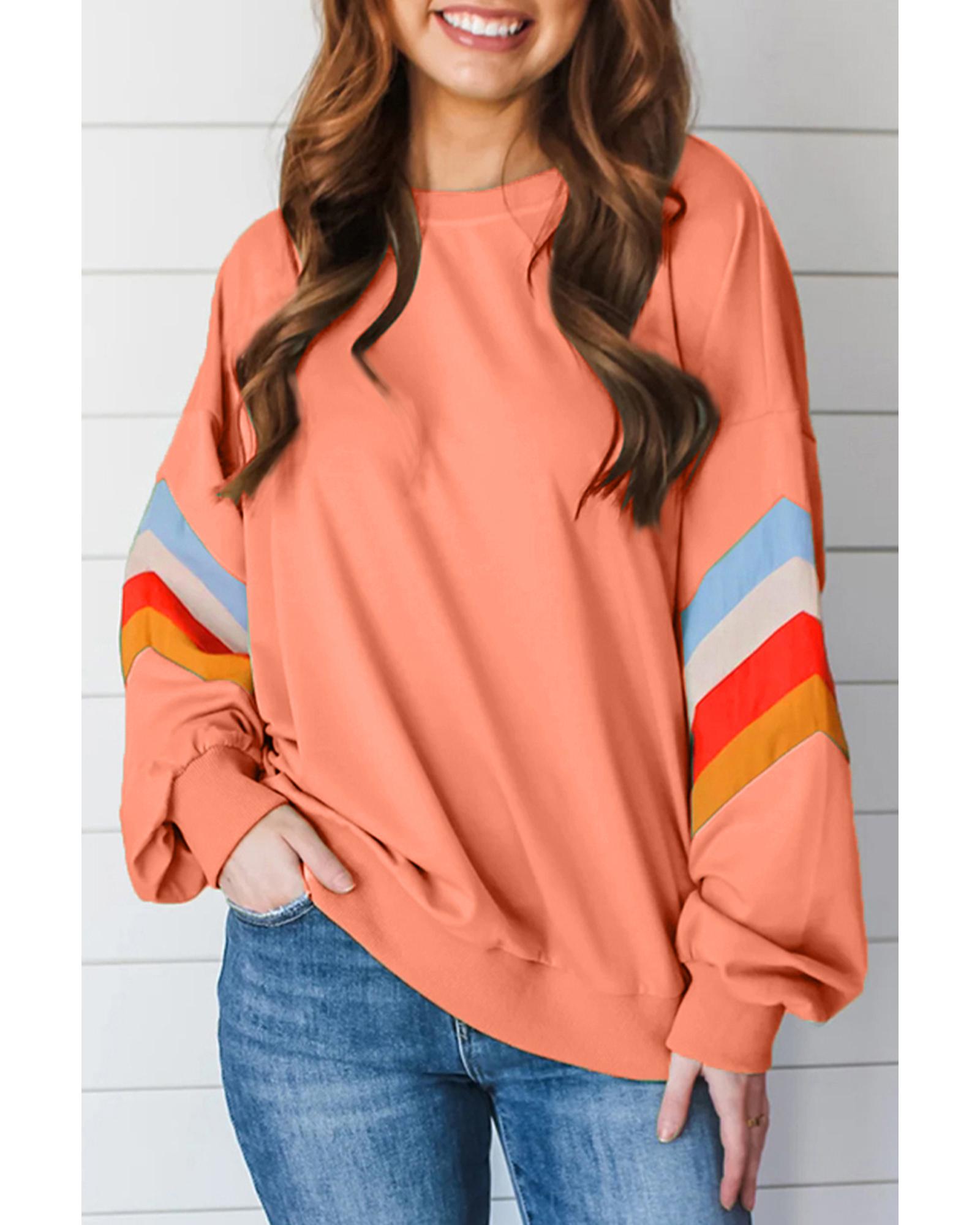 Flamingo Rainbow Striped Sleeve Crew Neck Loose Sweatshirt - XL 8