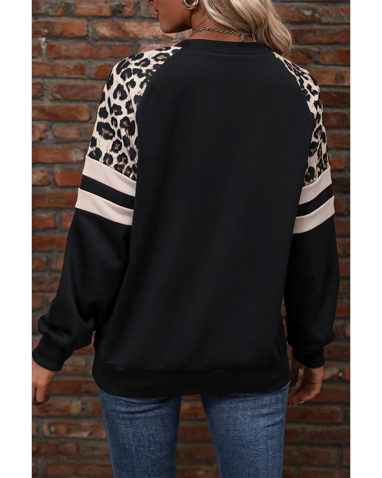 Black Leopard Print Colorblock Raglan Sleeve Sweatshirt - M