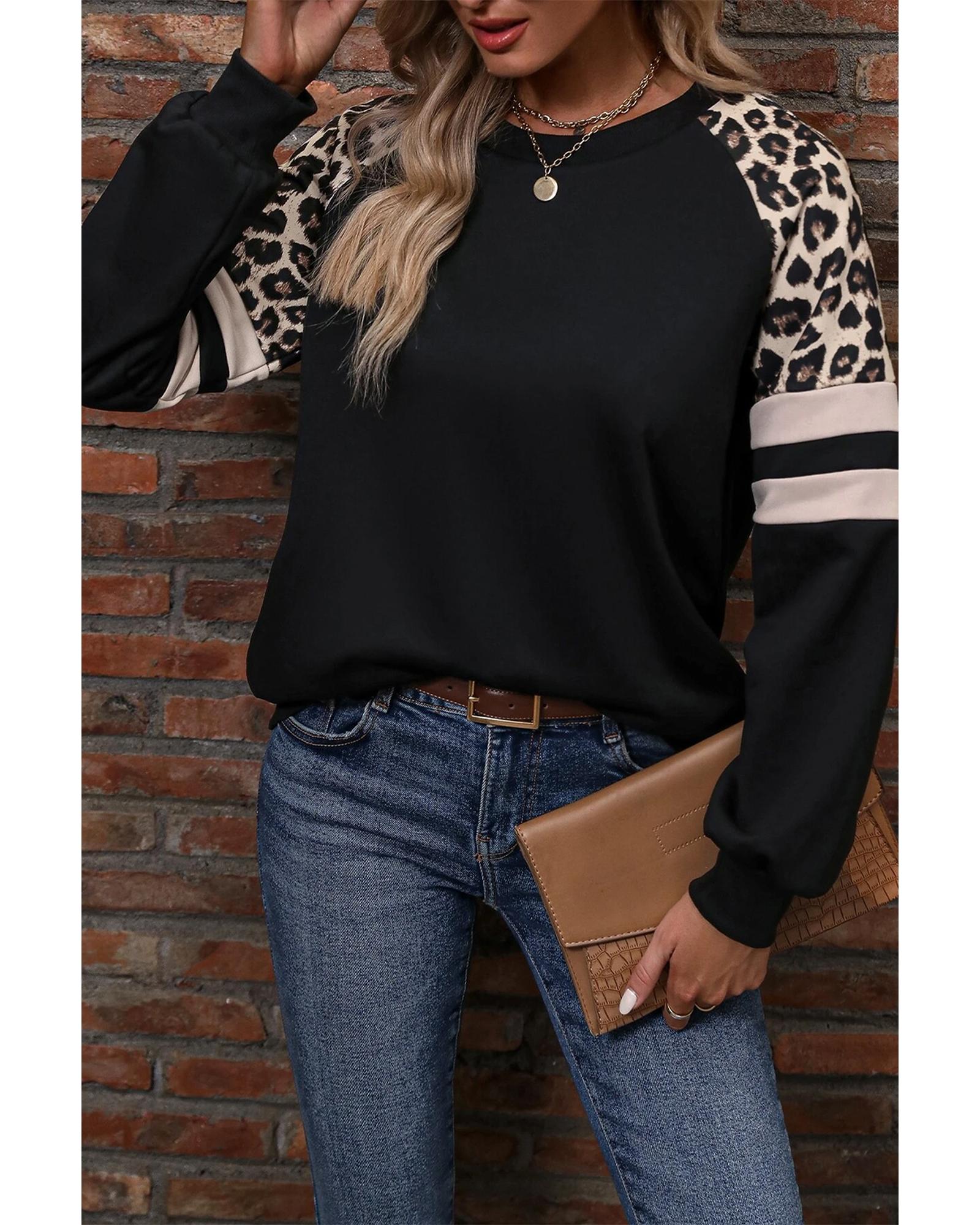 Black Leopard Print Colorblock Raglan Sleeve Sweatshirt - M 5