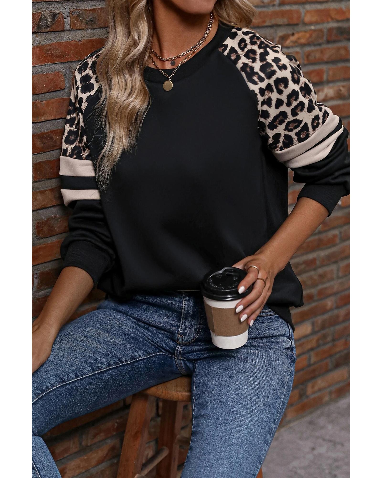 Black Leopard Print Colorblock Raglan Sleeve Sweatshirt - S 3