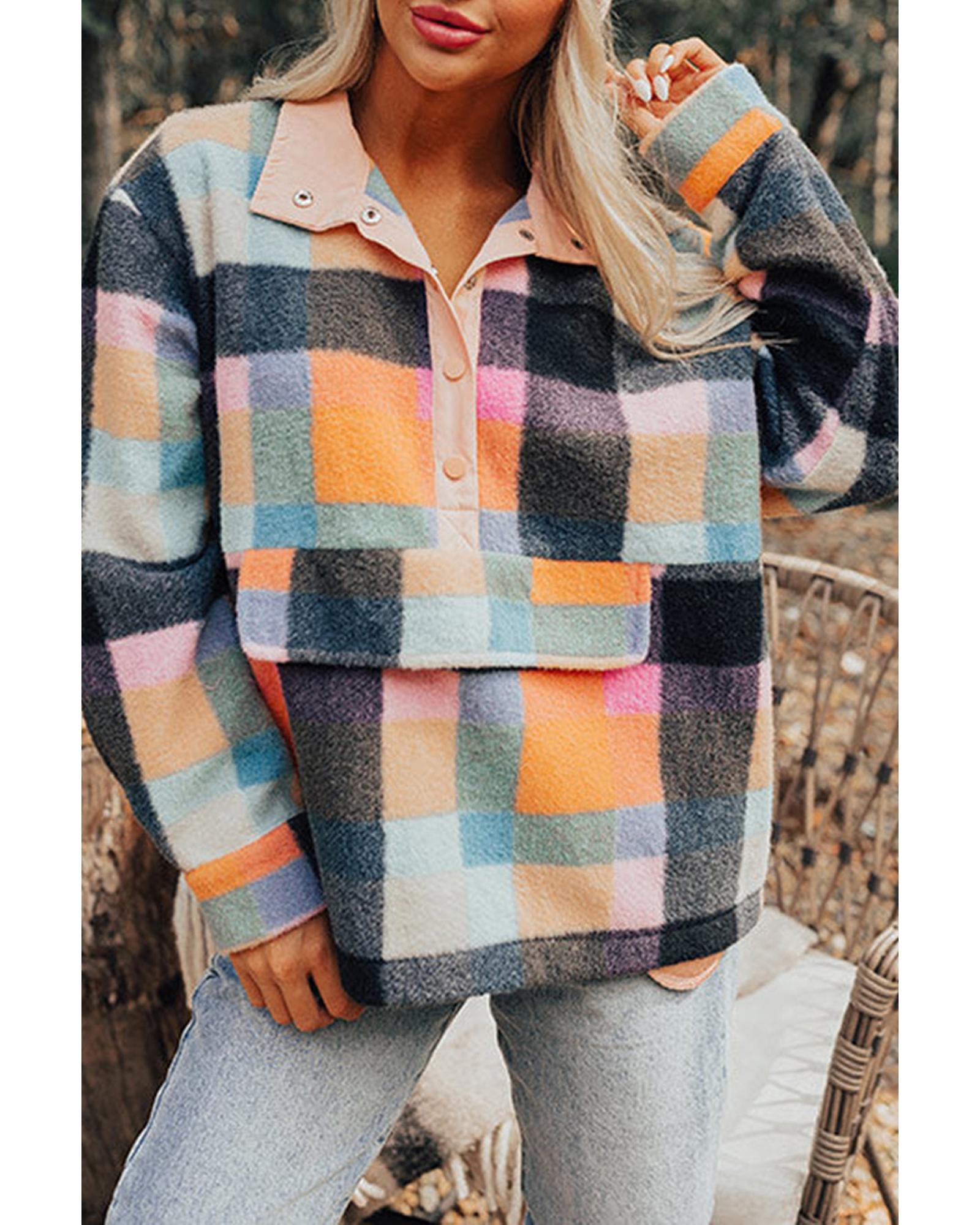 Black Plaid Print Pocketed Half Button Collared Sweatshirt - L