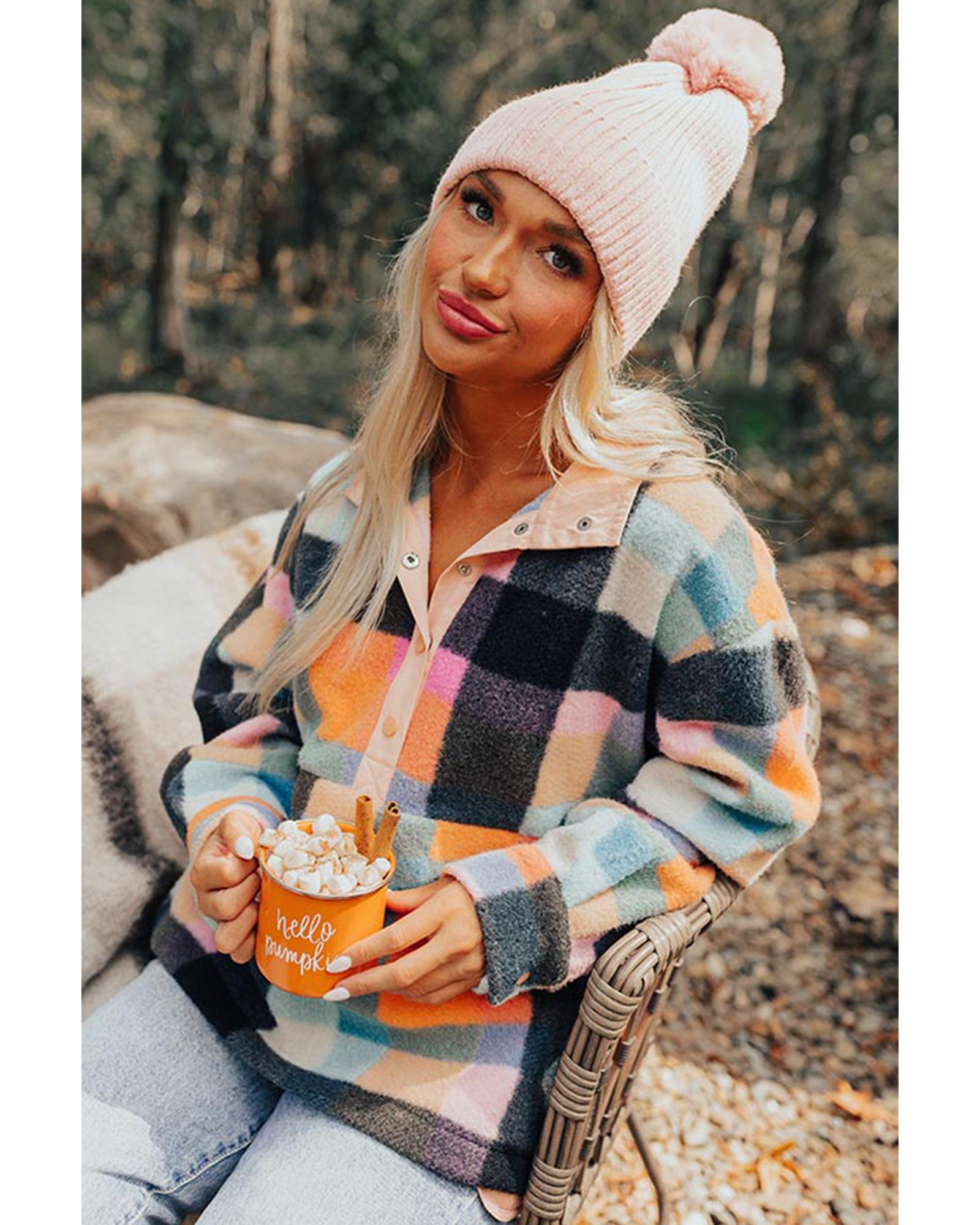 Black Plaid Print Pocketed Half Button Collared Sweatshirt - L 3
