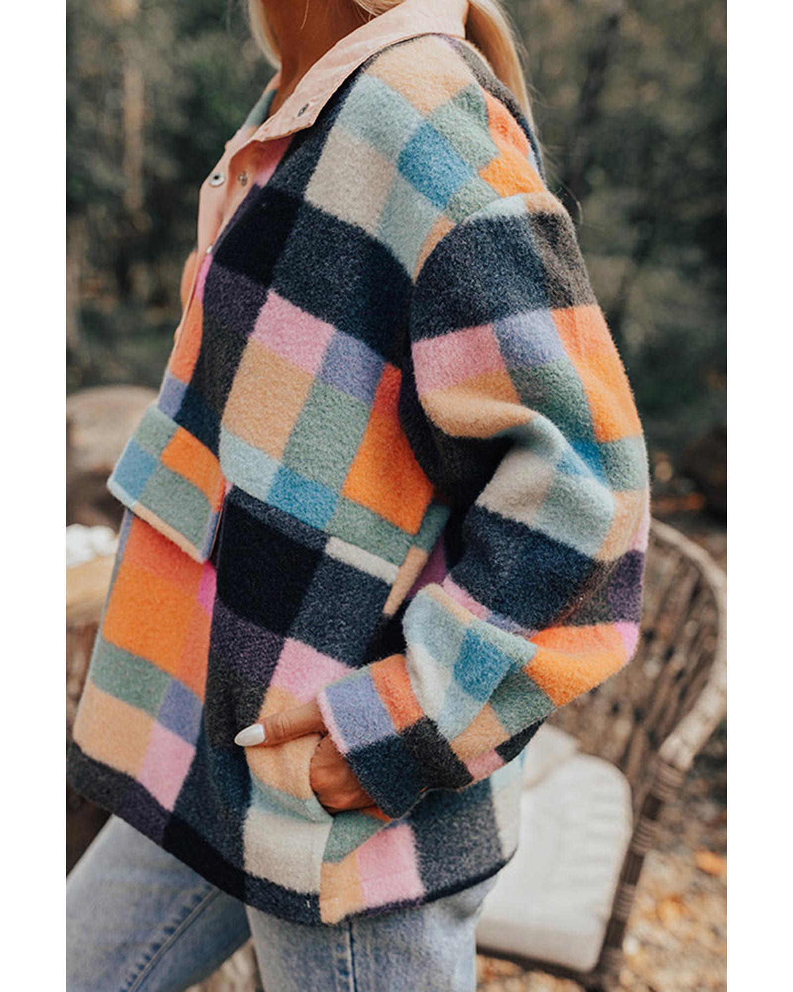 Black Plaid Print Pocketed Half Button Collared Sweatshirt - L 4