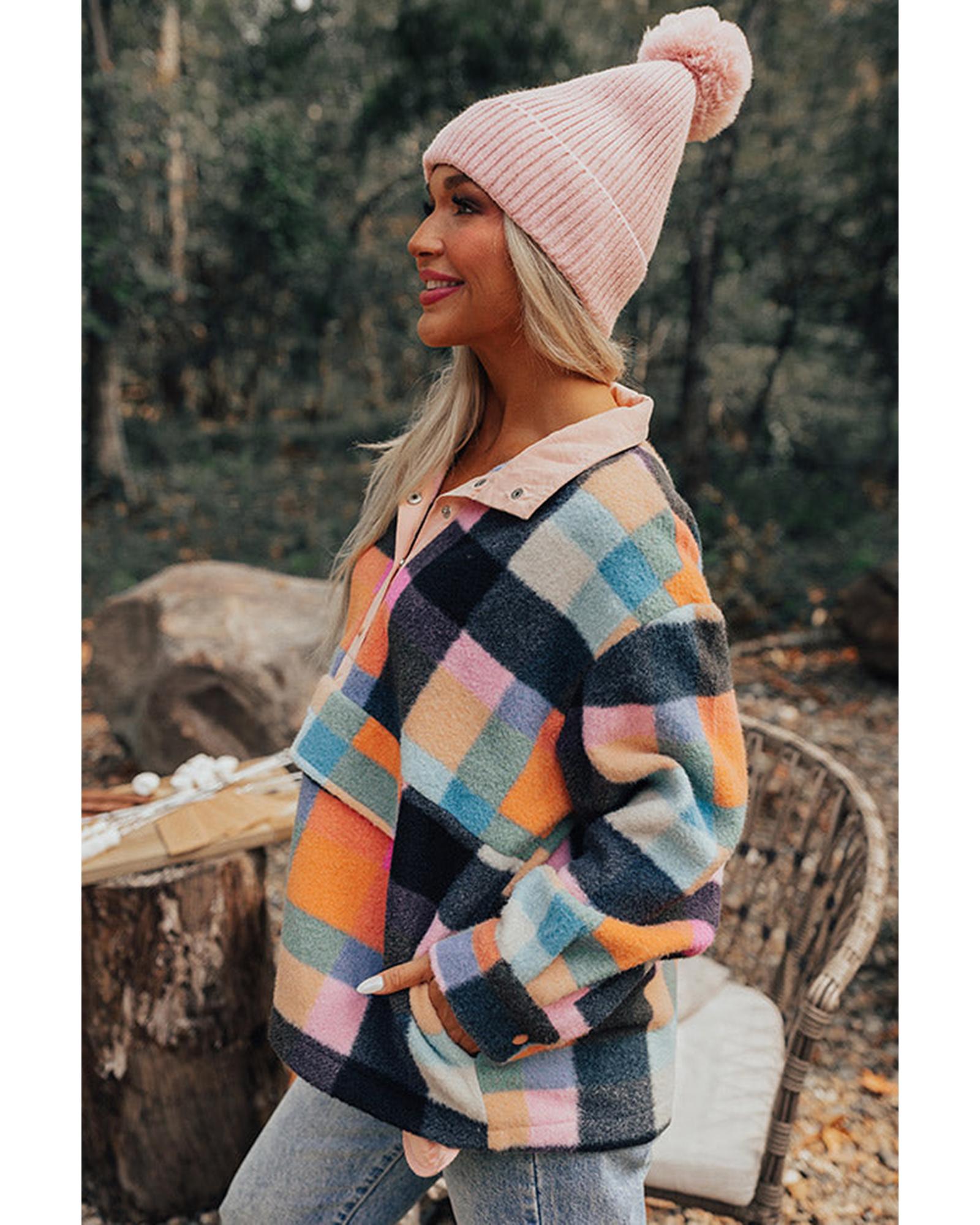 Black Plaid Print Pocketed Half Button Collared Sweatshirt - L 6