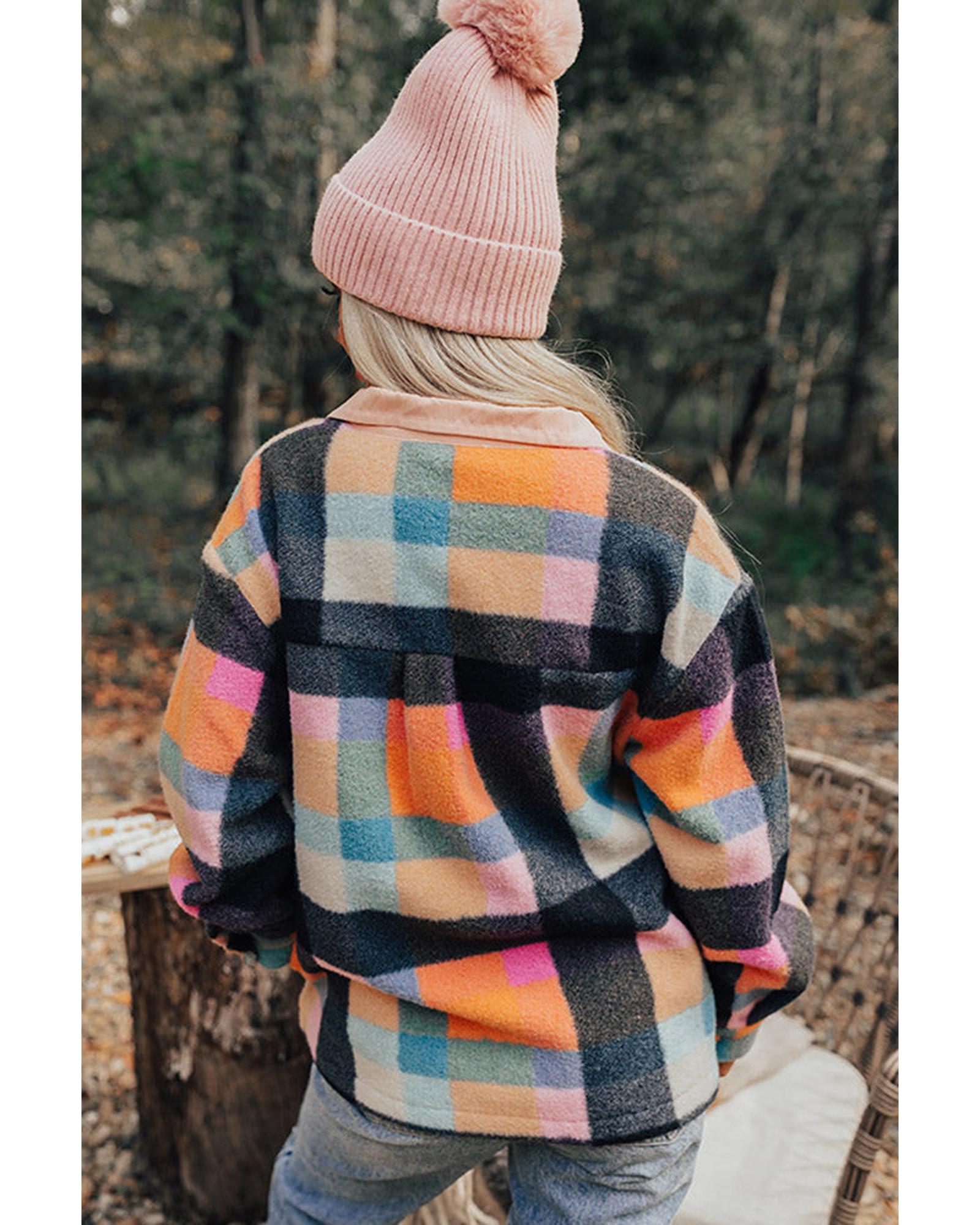 Black Plaid Print Pocketed Half Button Collared Sweatshirt - L 8