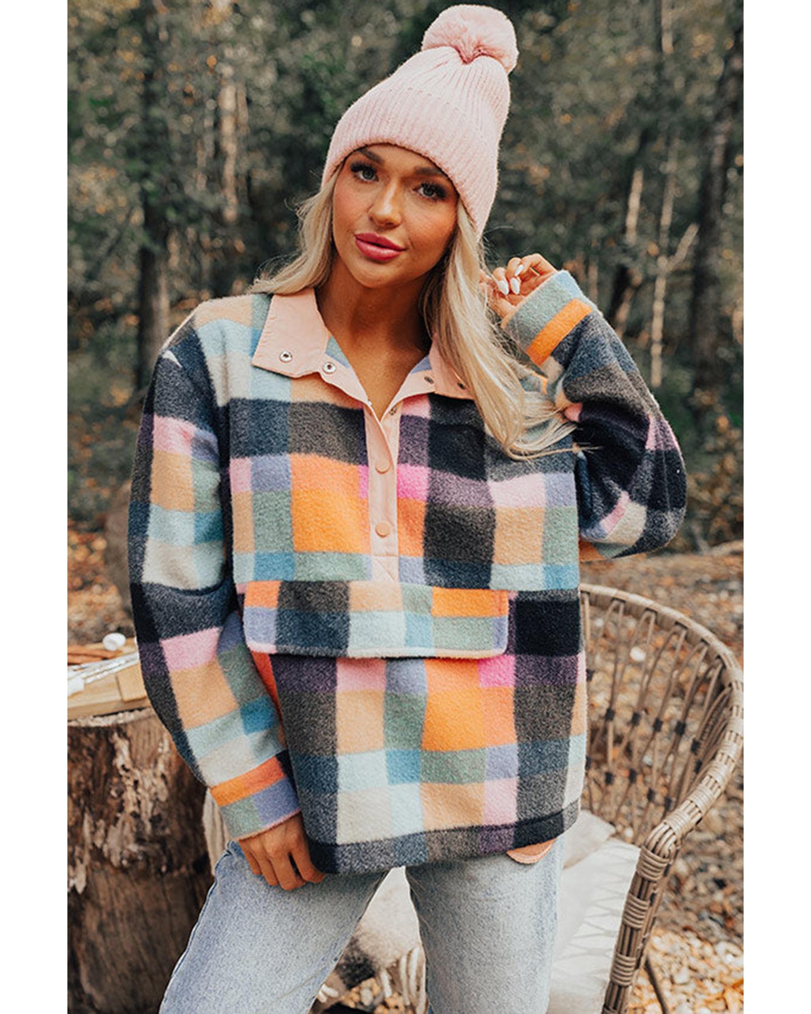 Black Plaid Print Pocketed Half Button Collared Sweatshirt - M 5