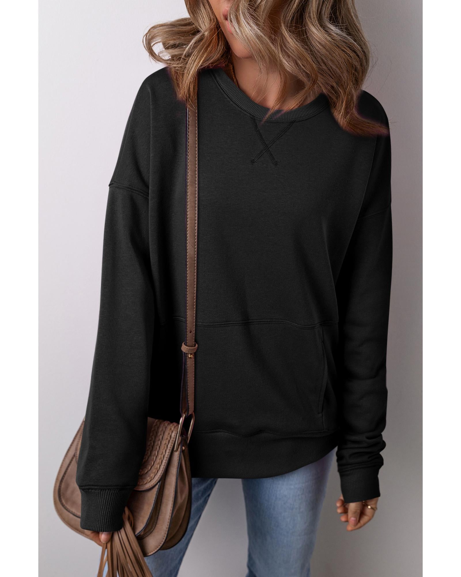 Black Drop Shoulder Crisscross Stitching Pocketed Loose Sweatshirt - L