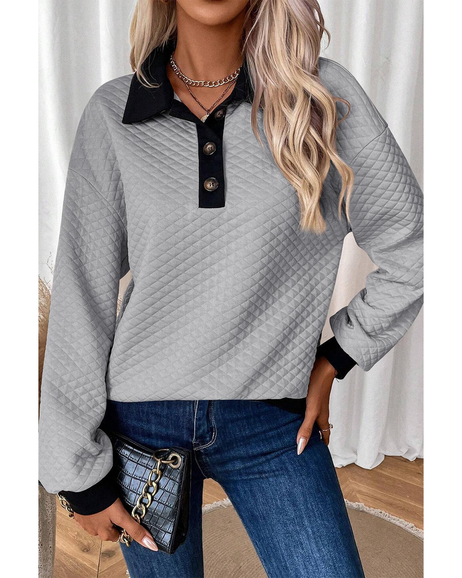 Light Grey Textured Colorblock Edge Buttoned Collar Sweatshirt - L 8